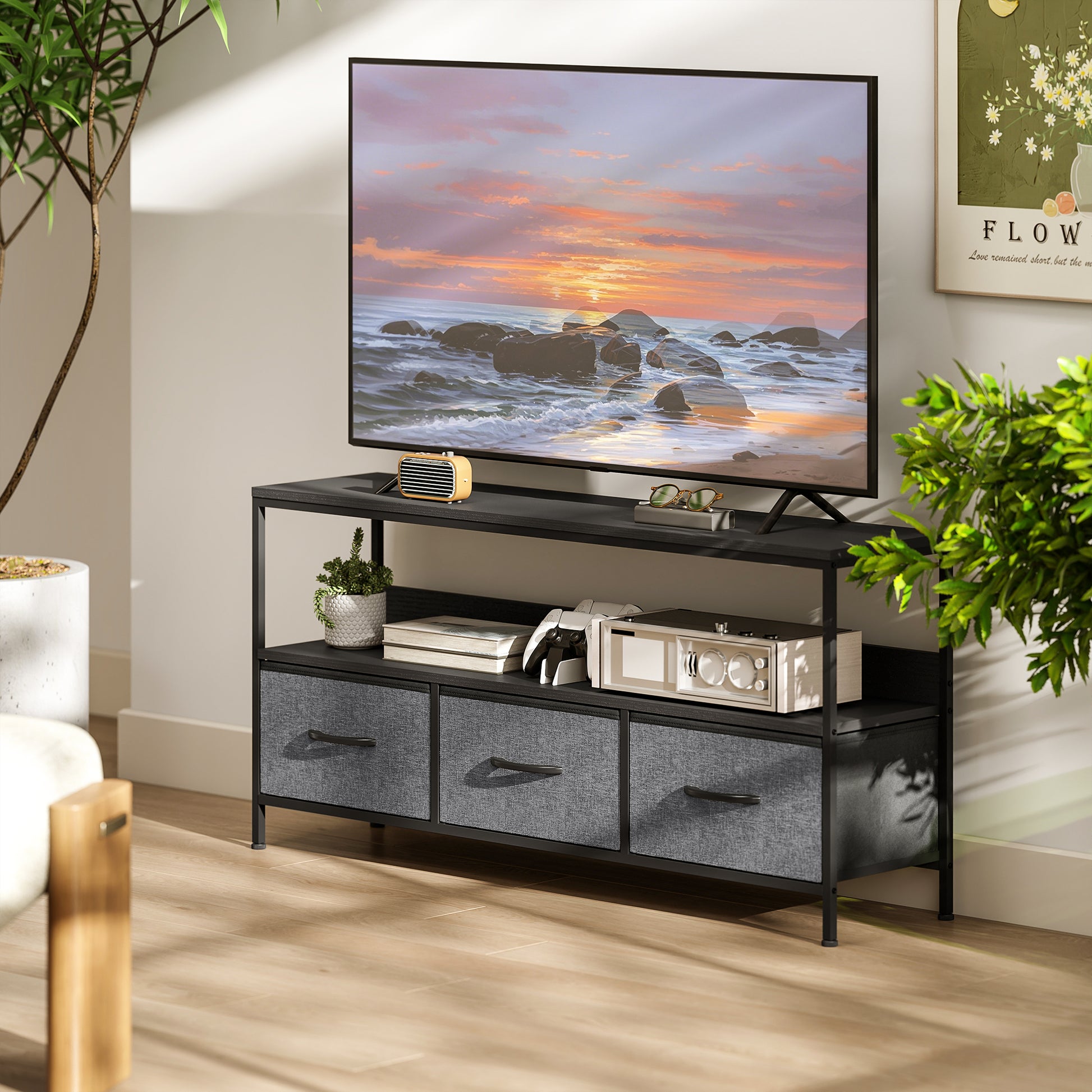 TV Stand with Charging Station, TV Table with 3 Foldable Linen Drawers and Open Shelf for 55 Inch Television, Black-Home Furnishings > Living Room Furniture > TV¬†Stands-DECOROLALA