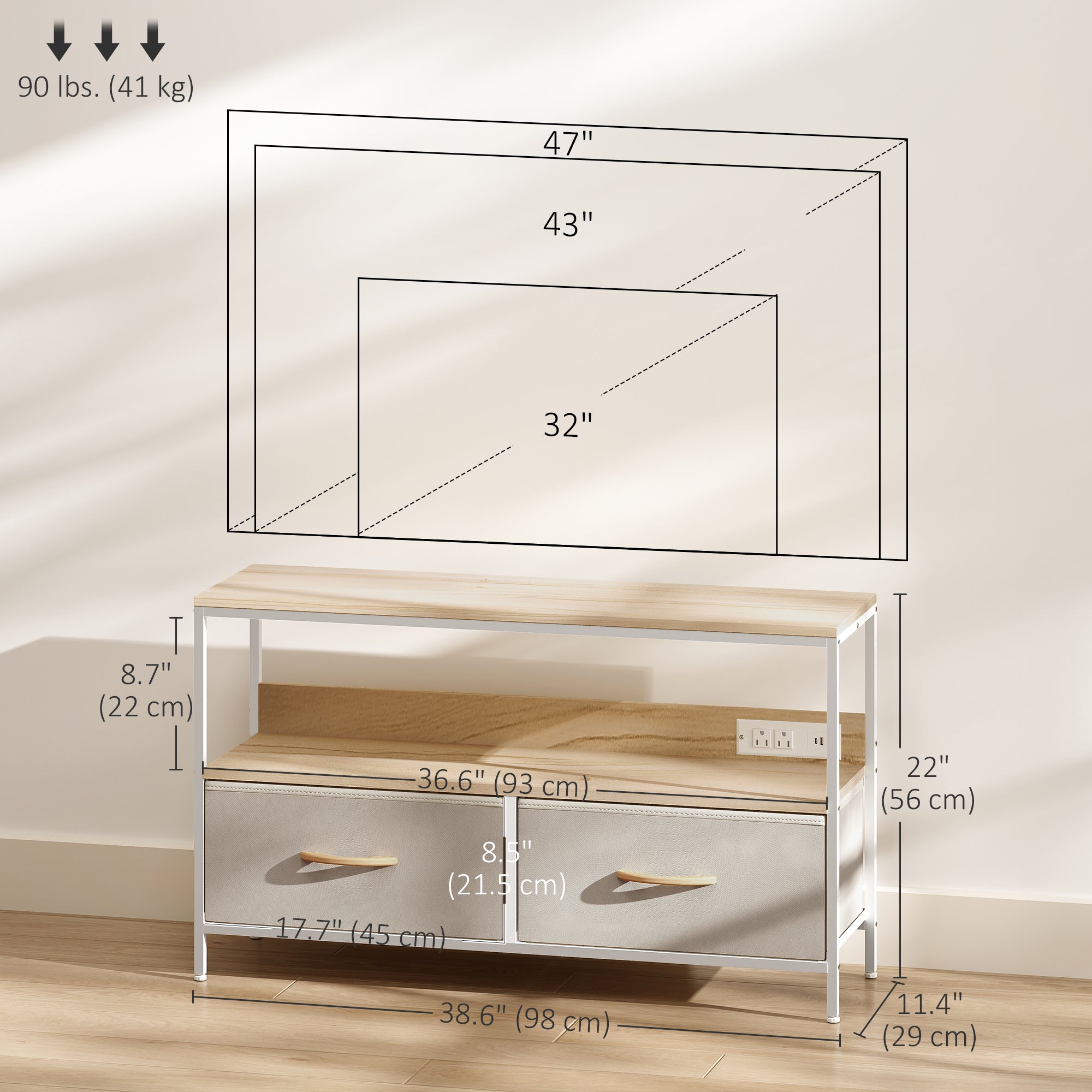 TV Stand with Charging Station for 47" TV - Oak-Home Furnishings > Living Room Furniture > TV¬†Stands-DECOROLALA