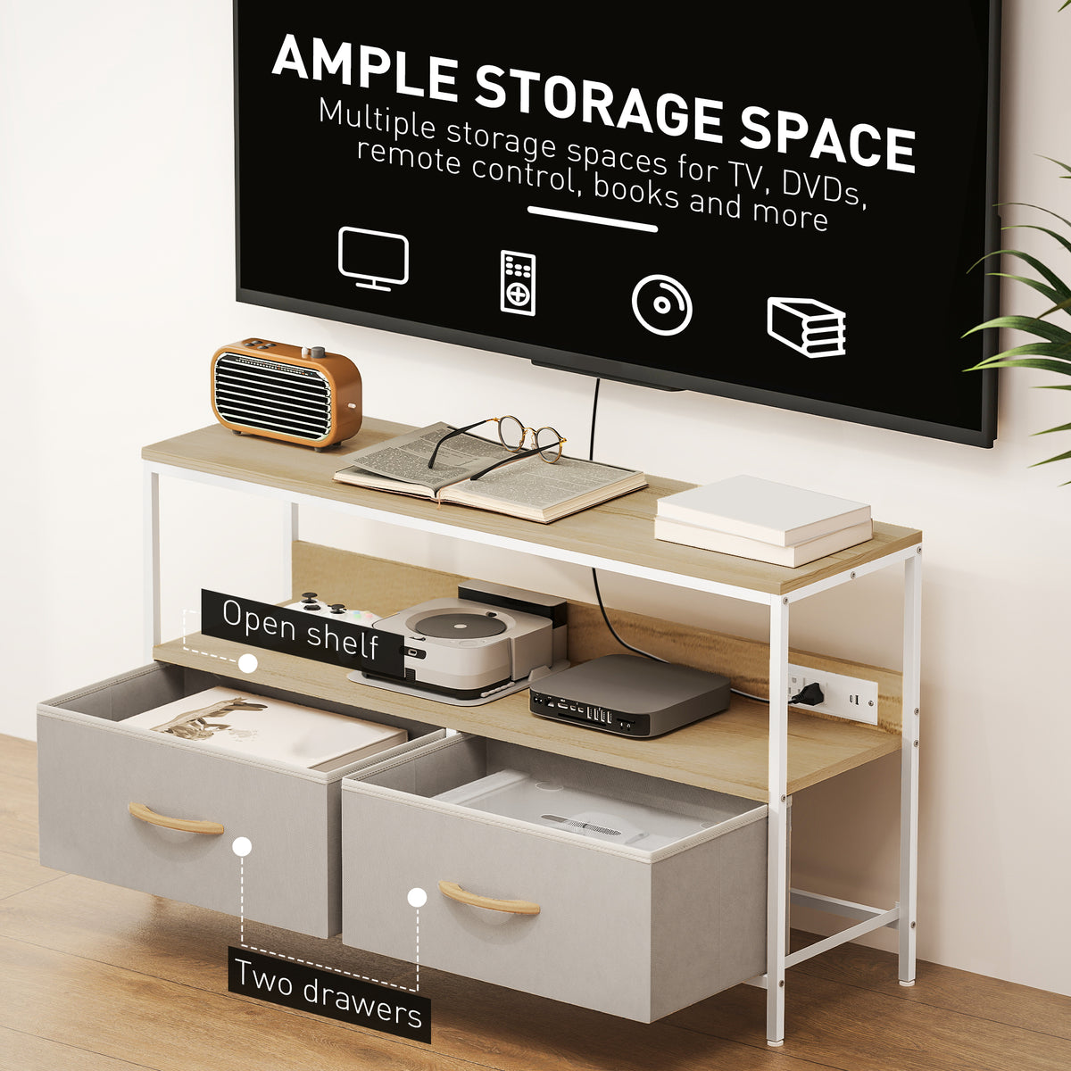 TV Stand with Charging Station for 47" TV - Oak-Home Furnishings > Living Room Furniture > TV¬†Stands-DECOROLALA