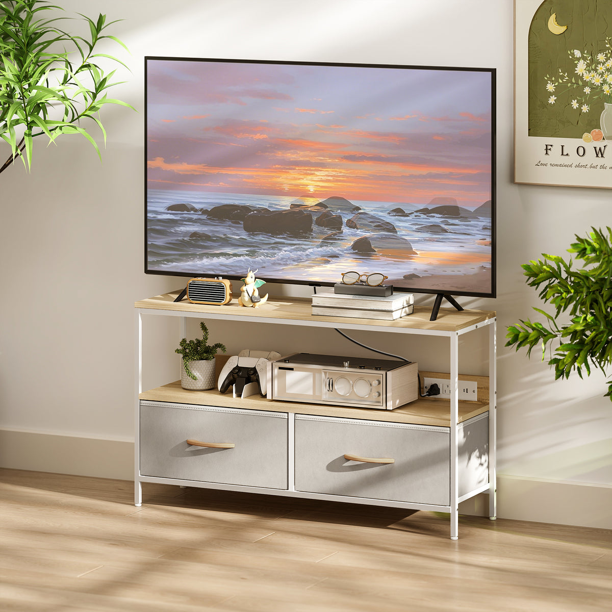 TV Stand with Charging Station for 47" TV - Oak-Home Furnishings > Living Room Furniture > TV¬†Stands-DECOROLALA