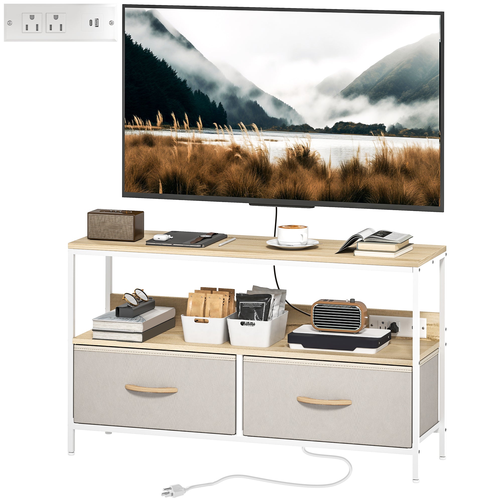 TV Stand with Charging Station for 47" TV - Oak-Home Furnishings > Living Room Furniture > TV¬†Stands-DECOROLALA