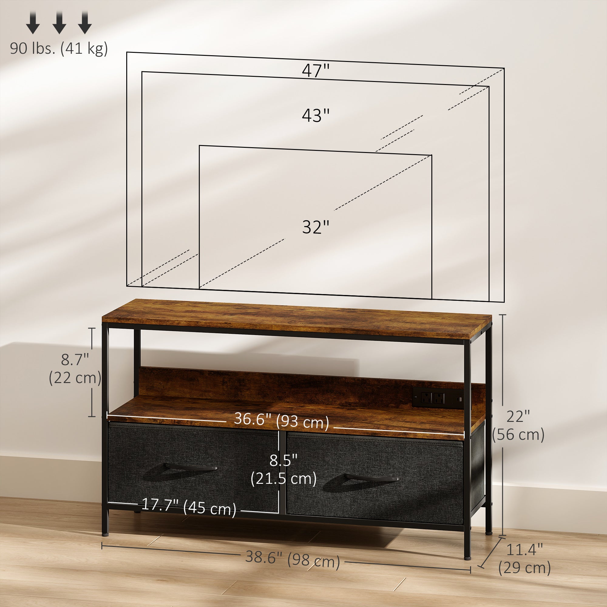 TV Stand with Charging Station for 47" TV - Rustic Brown-Home Furnishings > Living Room Furniture > TV¬†Stands-DECOROLALA