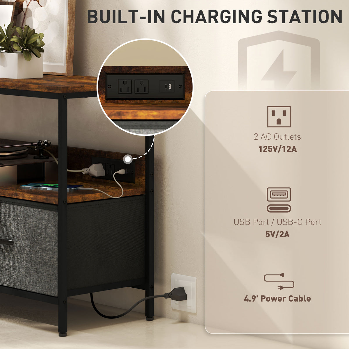 TV Stand with Charging Station for 47" TV - Rustic Brown-Home Furnishings > Living Room Furniture > TV¬†Stands-DECOROLALA