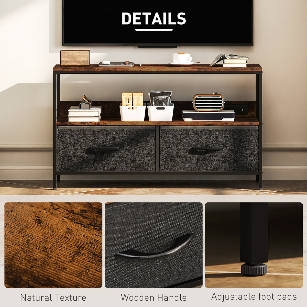 TV Stand with Charging Station for 47" TV - Rustic Brown-Home Furnishings > Living Room Furniture > TV¬†Stands-DECOROLALA