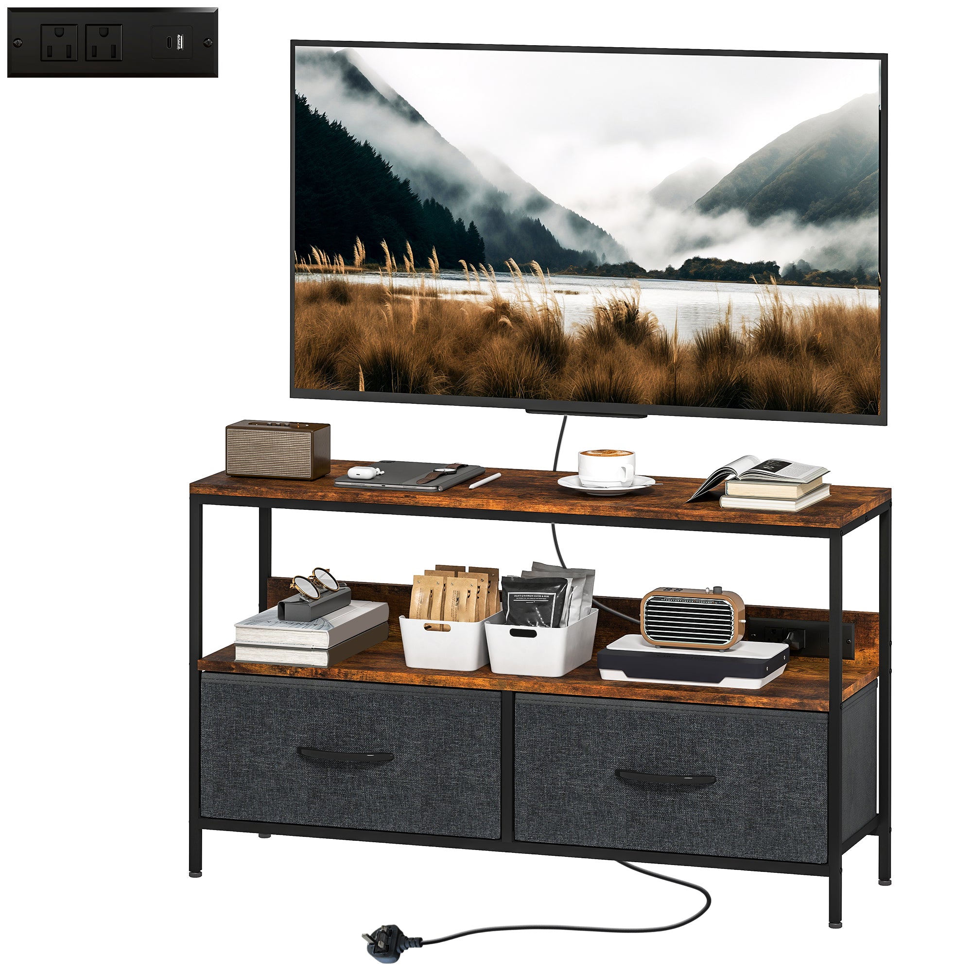 TV Stand with Charging Station for 47" TV - Rustic Brown-Home Furnishings > Living Room Furniture > TV¬†Stands-DECOROLALA