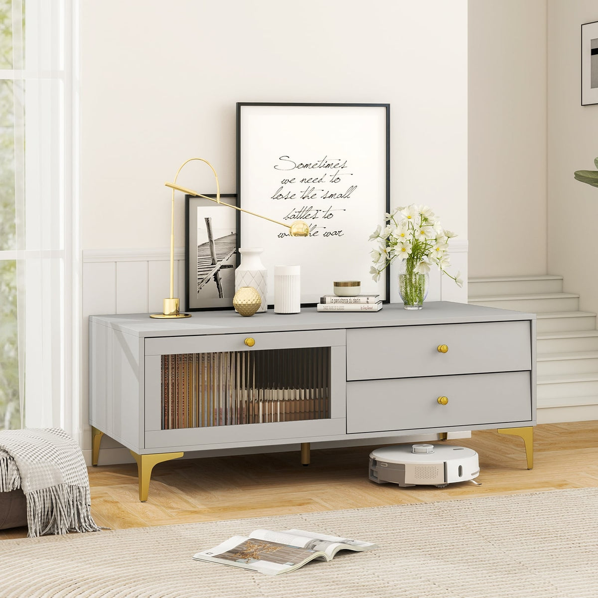TV Stand with Compartment and Drawers for 55 Inch TV-Gray-Entertainment Centers & TV Stands-DECOROLALA