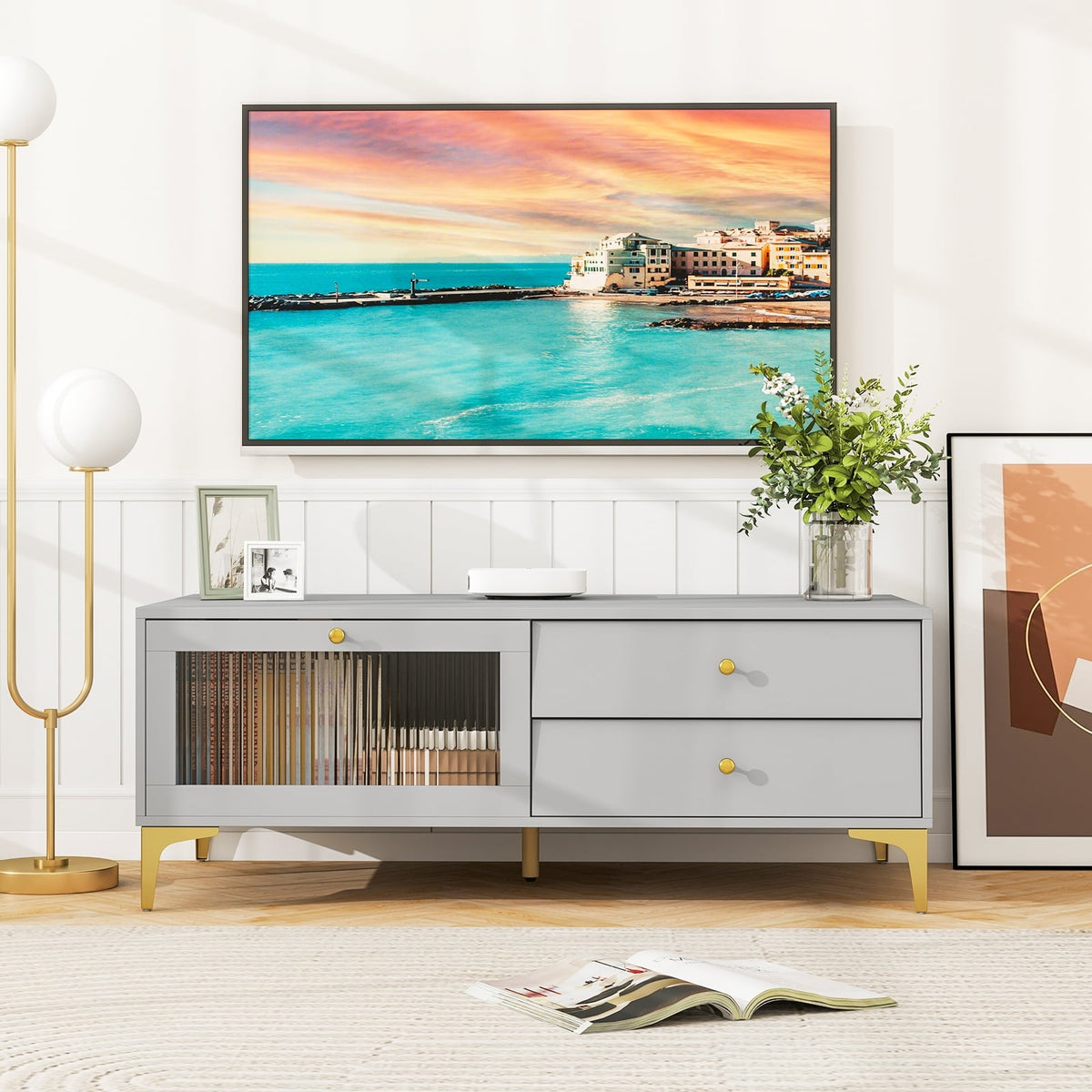 TV Stand with Compartment and Drawers for 55 Inch TV-Gray-Entertainment Centers & TV Stands-DECOROLALA