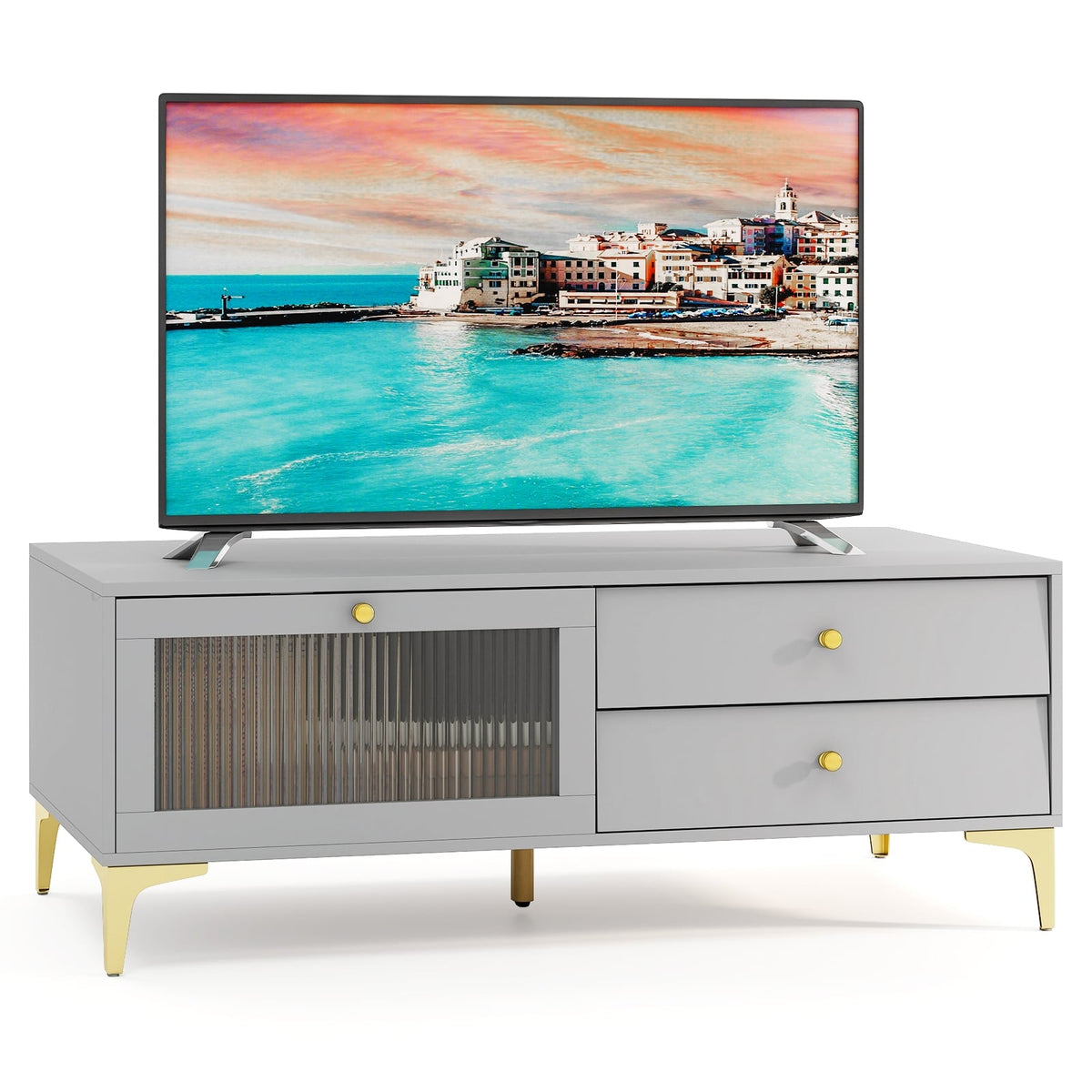 TV Stand with Compartment and Drawers for 55 Inch TV-Gray-Entertainment Centers & TV Stands-DECOROLALA