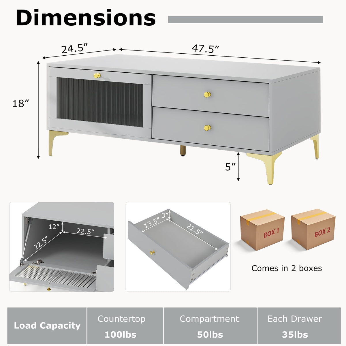 TV Stand with Compartment and Drawers for 55 Inch TV-Gray-Entertainment Centers & TV Stands-DECOROLALA