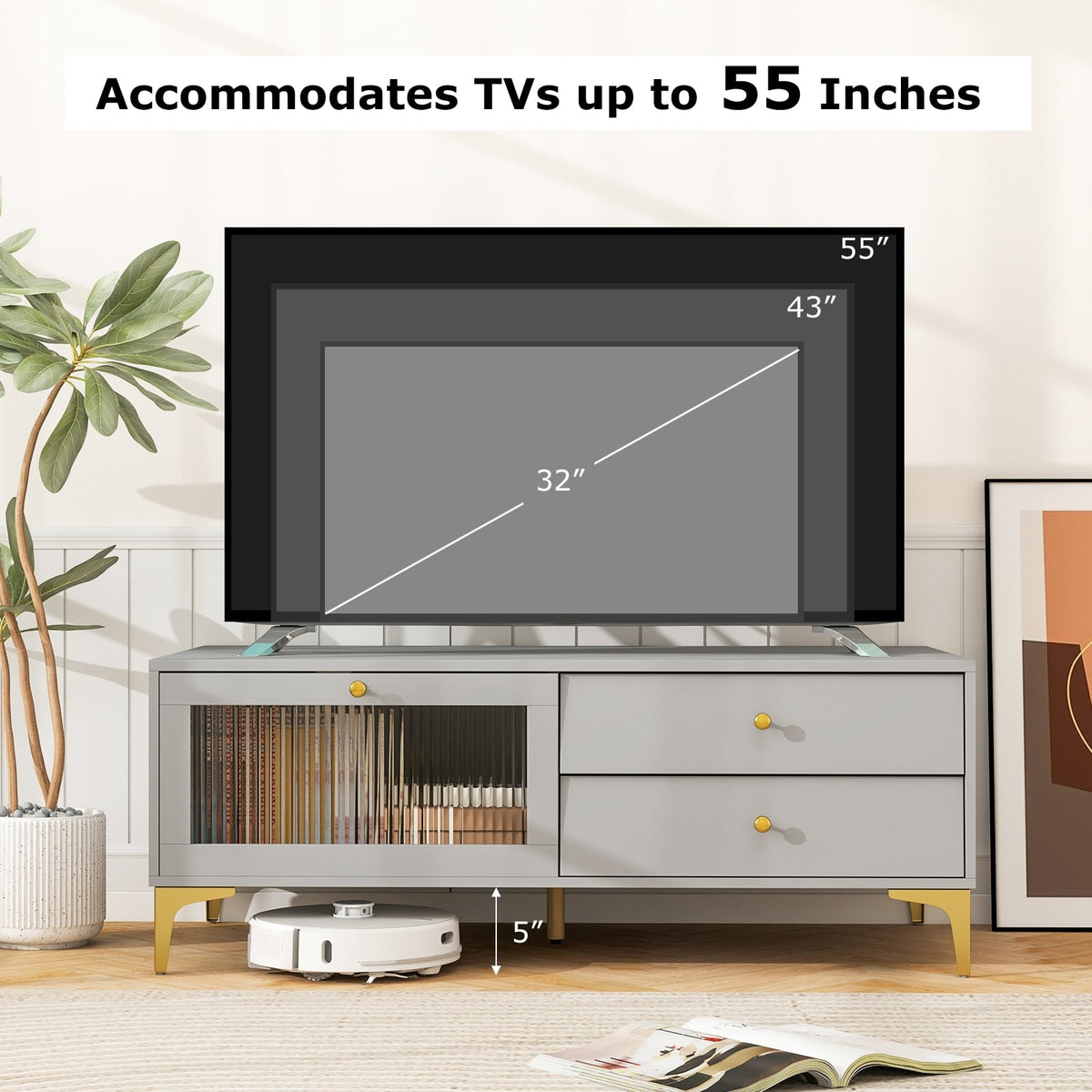 TV Stand with Compartment and Drawers for 55 Inch TV-Gray-Entertainment Centers & TV Stands-DECOROLALA