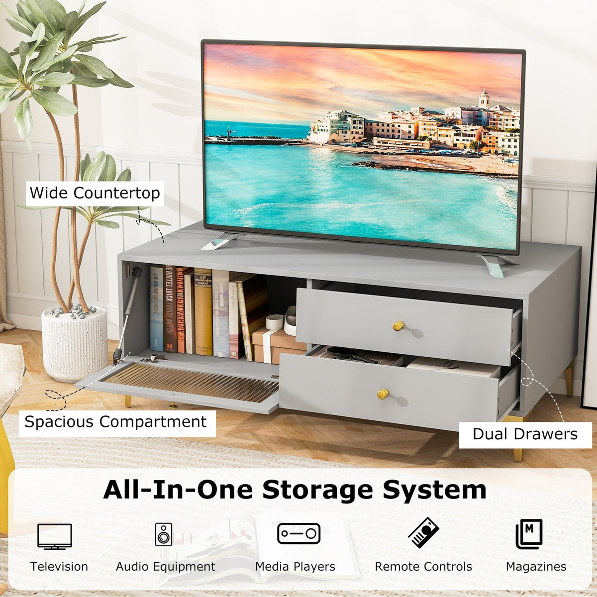 TV Stand with Compartment and Drawers for 55 Inch TV-Gray-Entertainment Centers & TV Stands-DECOROLALA