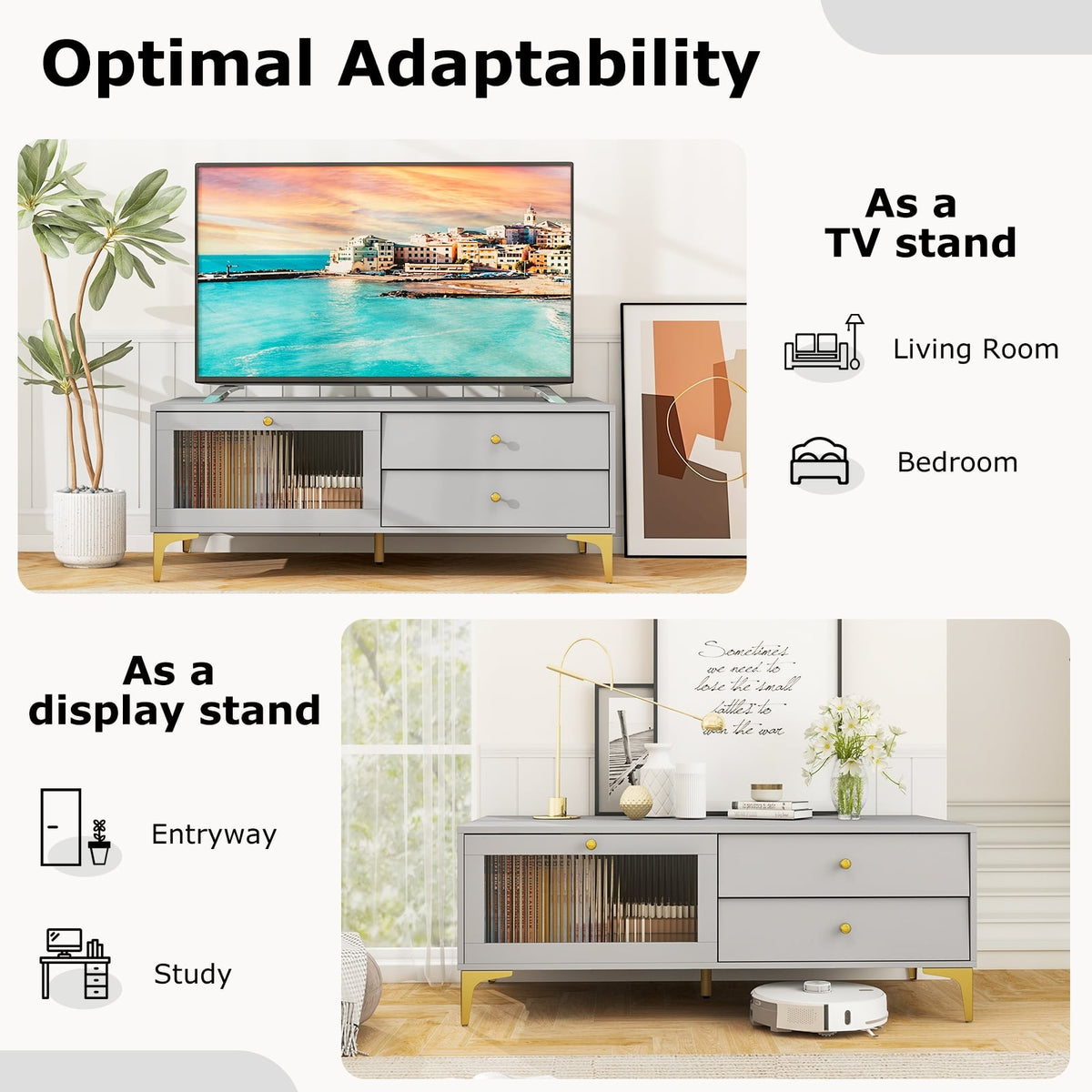 TV Stand with Compartment and Drawers for 55 Inch TV-Gray-Entertainment Centers & TV Stands-DECOROLALA