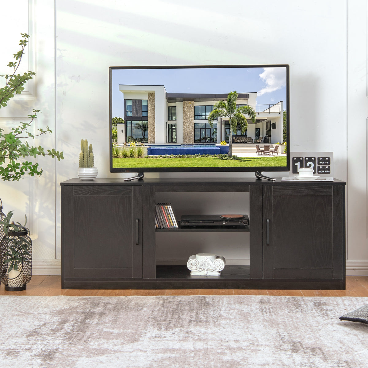 TV Stand with Double Barn Doors for TVs up to 65 Inch-Black-Entertainment Centers & TV Stands-DECOROLALA