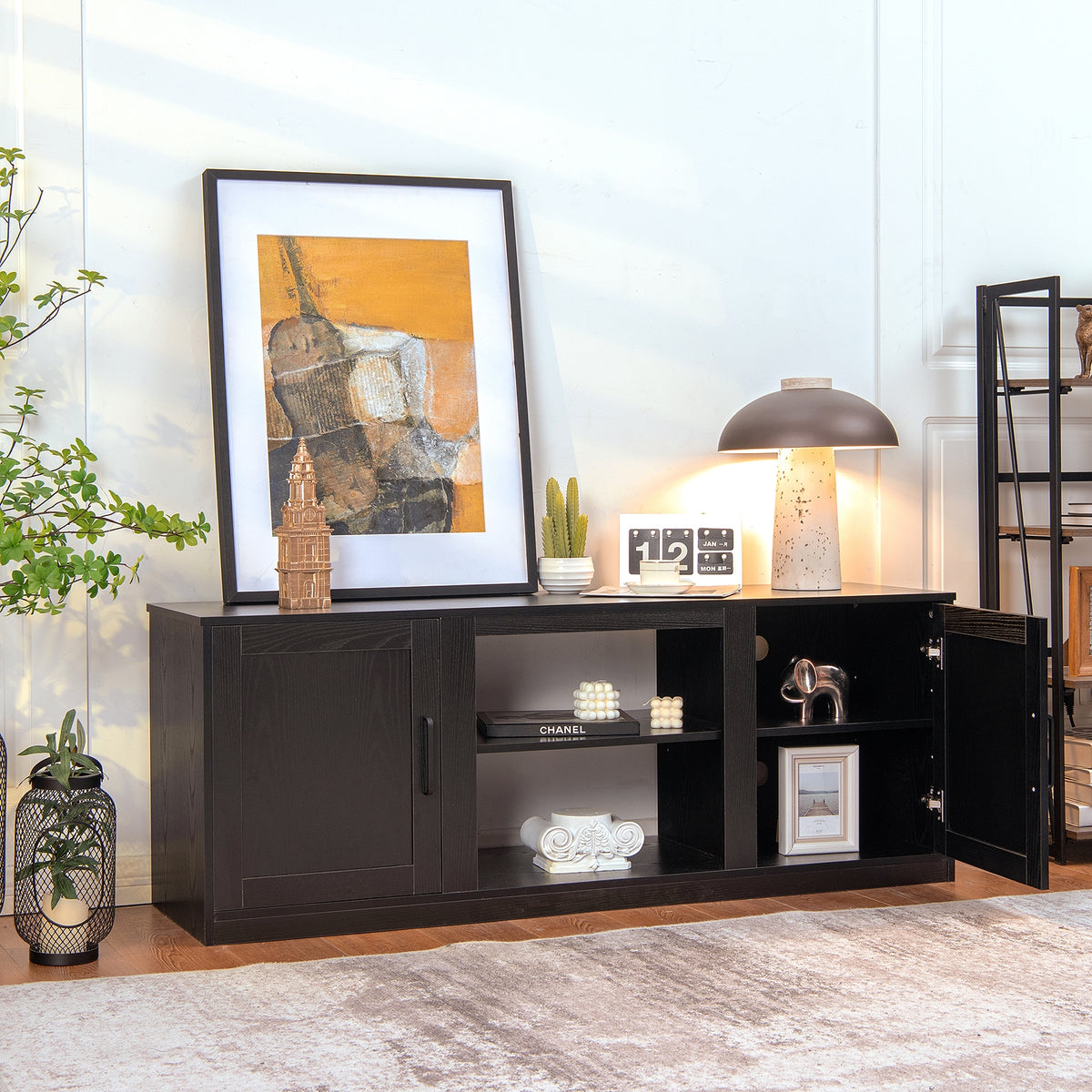 TV Stand with Double Barn Doors for TVs up to 65 Inch-Black-Entertainment Centers & TV Stands-DECOROLALA