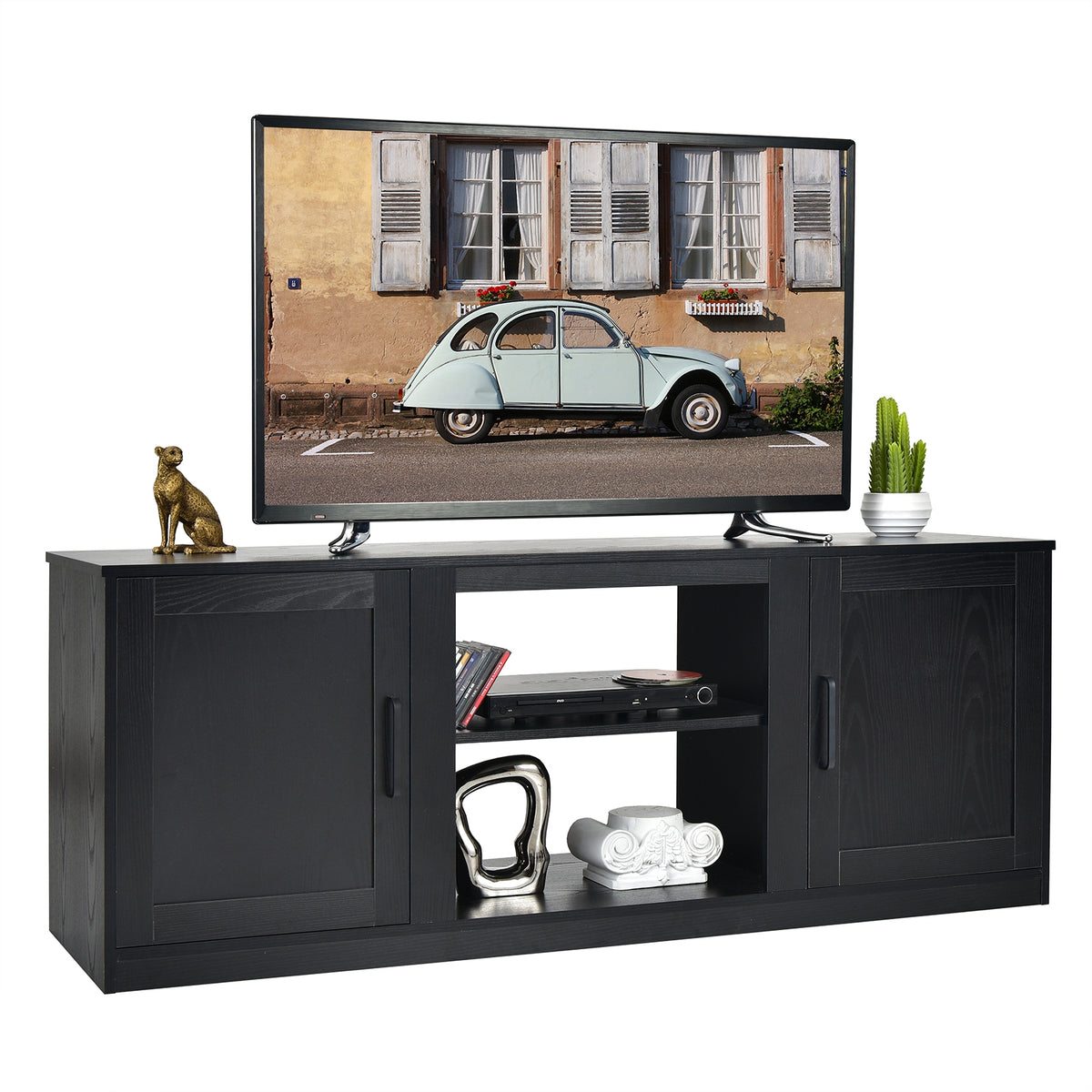 TV Stand with Double Barn Doors for TVs up to 65 Inch-Black-Entertainment Centers & TV Stands-DECOROLALA