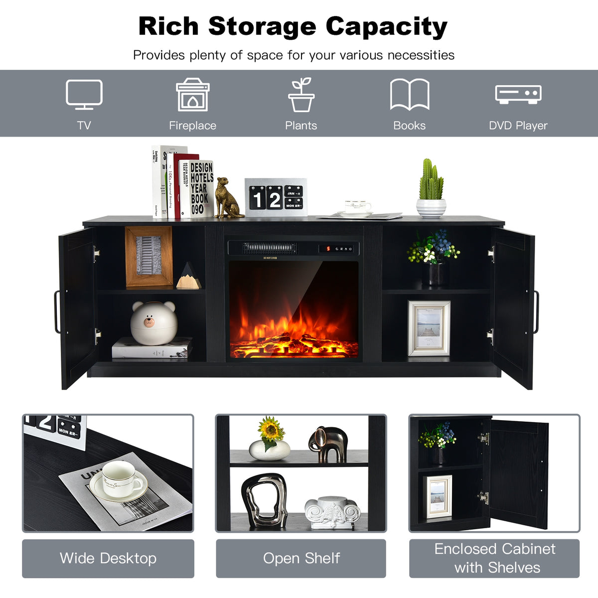 TV Stand with Double Barn Doors for TVs up to 65 Inch-Black-Entertainment Centers & TV Stands-DECOROLALA