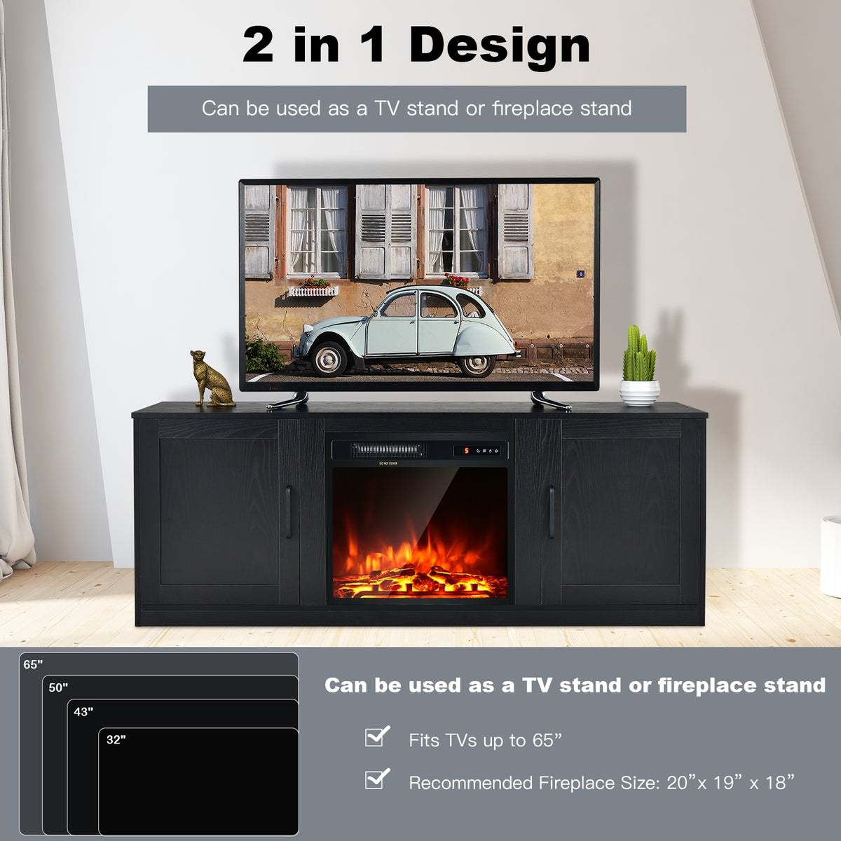 TV Stand with Double Barn Doors for TVs up to 65 Inch-Black-Entertainment Centers & TV Stands-DECOROLALA