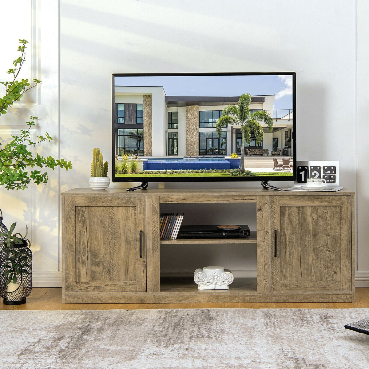 TV Stand with Double Barn Doors for TVs up to 65 Inch-Natural-Entertainment Centers & TV Stands-DECOROLALA