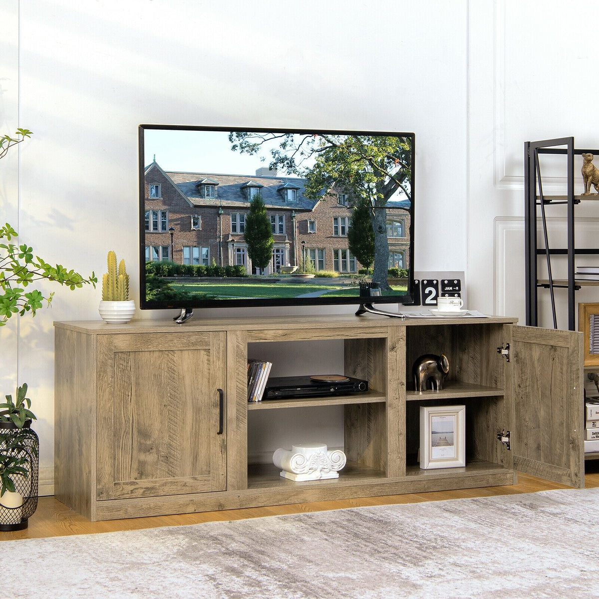 TV Stand with Double Barn Doors for TVs up to 65 Inch-Natural-Entertainment Centers & TV Stands-DECOROLALA