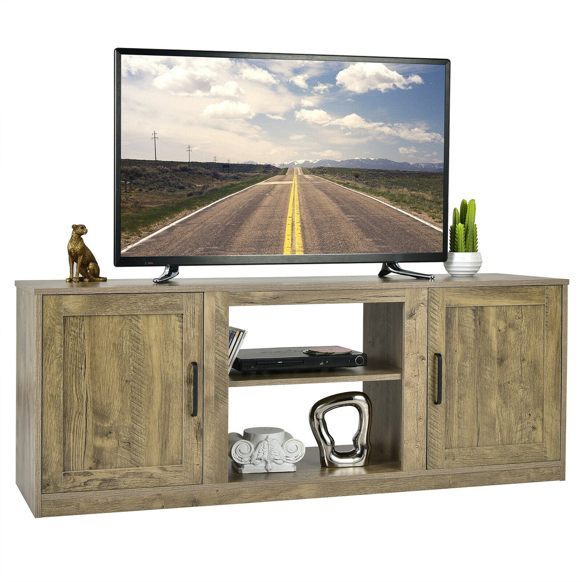TV Stand with Double Barn Doors for TVs up to 65 Inch-Natural-Entertainment Centers & TV Stands-DECOROLALA