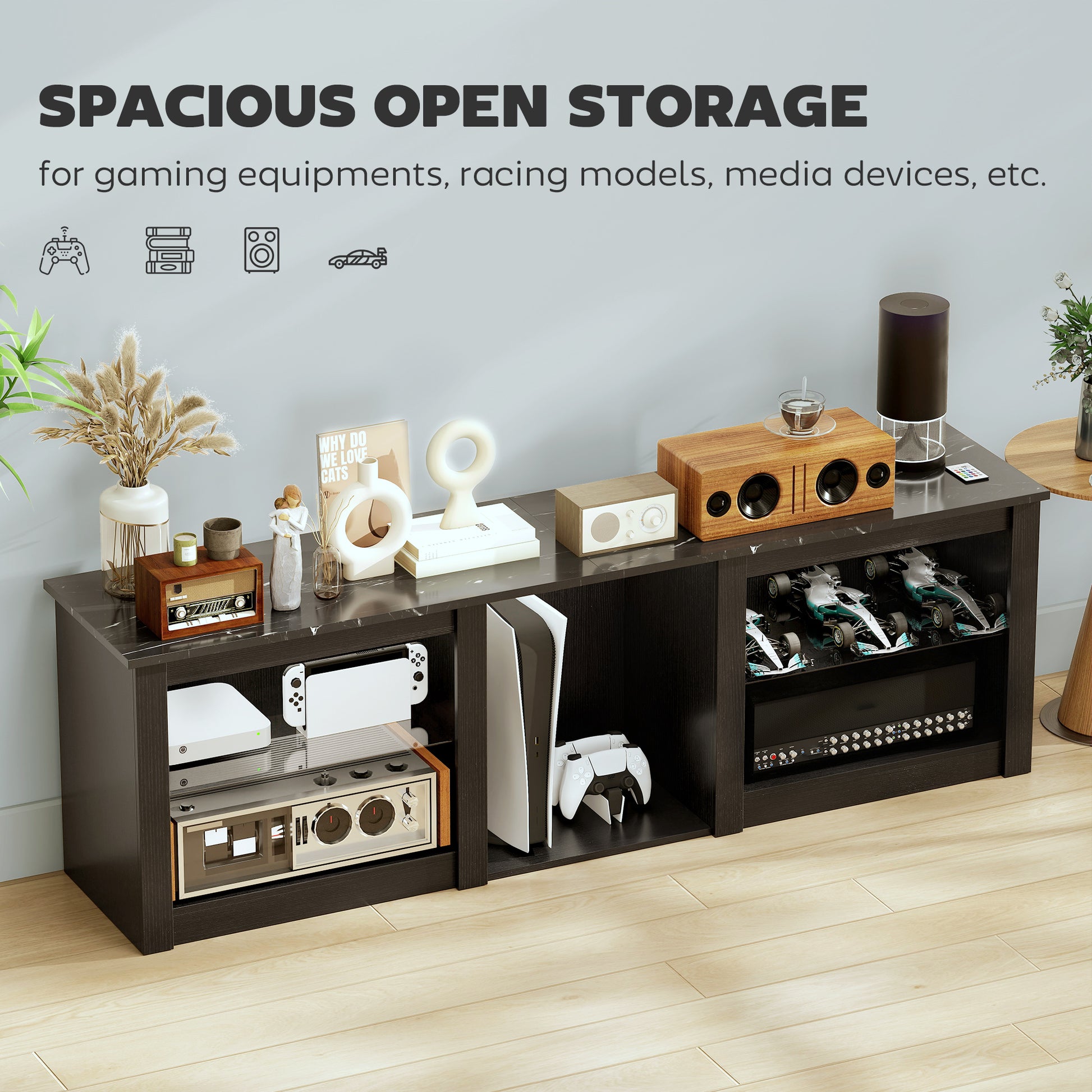 TV Stand with LED Lights, Modern Entertainment Center with Adjustable Glass Shelves, for TVs up to 70 Inch, Black-Home Furnishings > Living Room Furniture > TV¬†Stands-DECOROLALA