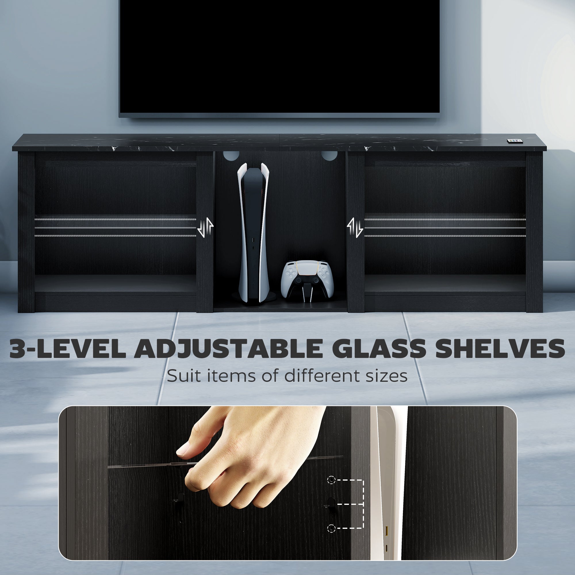 TV Stand with LED Lights, Modern Entertainment Center with Adjustable Glass Shelves, for TVs up to 70 Inch, Black-Home Furnishings > Living Room Furniture > TV¬†Stands-DECOROLALA