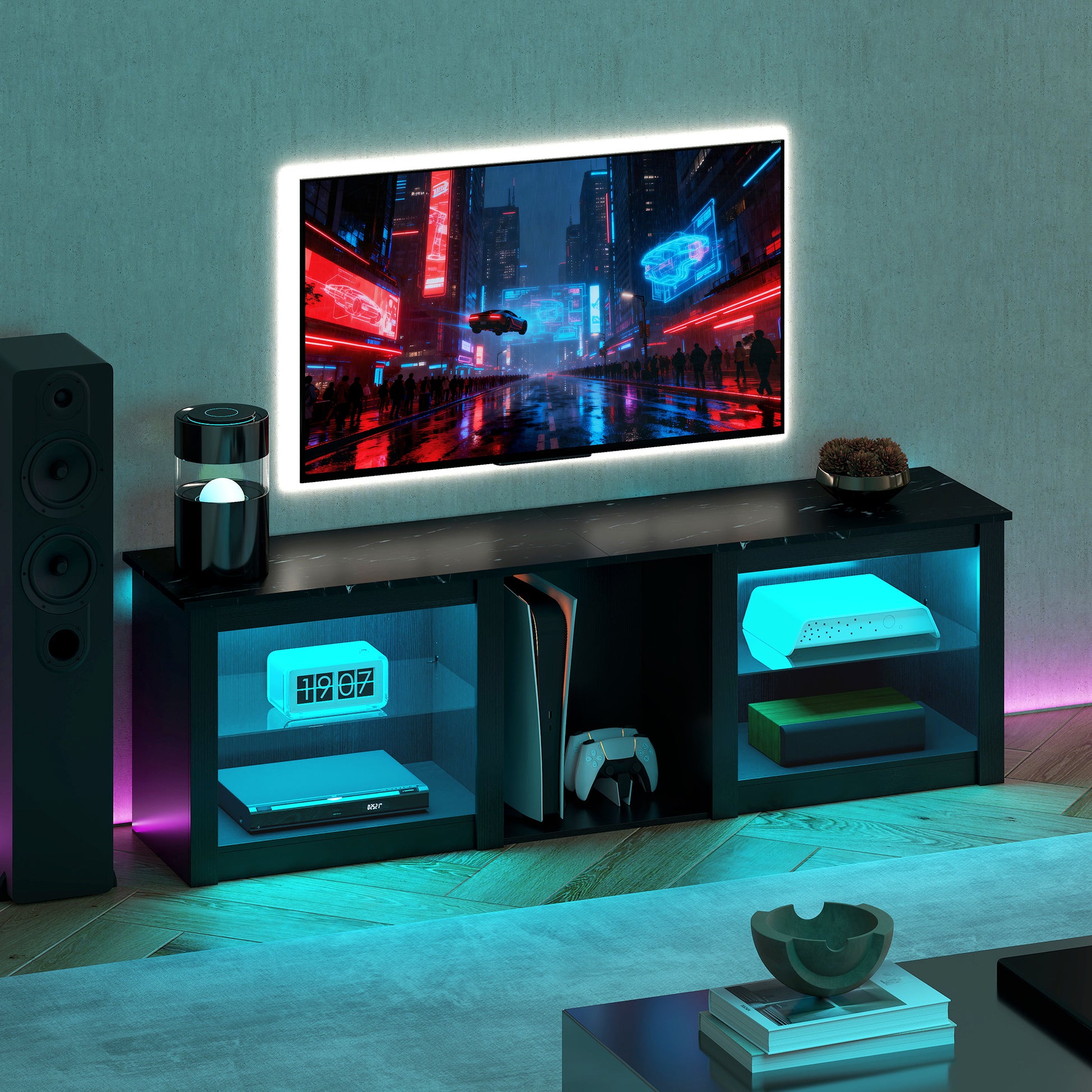 TV Stand with LED Lights, Modern Entertainment Center with Adjustable Glass Shelves, for TVs up to 70 Inch, Black-Home Furnishings > Living Room Furniture > TV¬†Stands-DECOROLALA