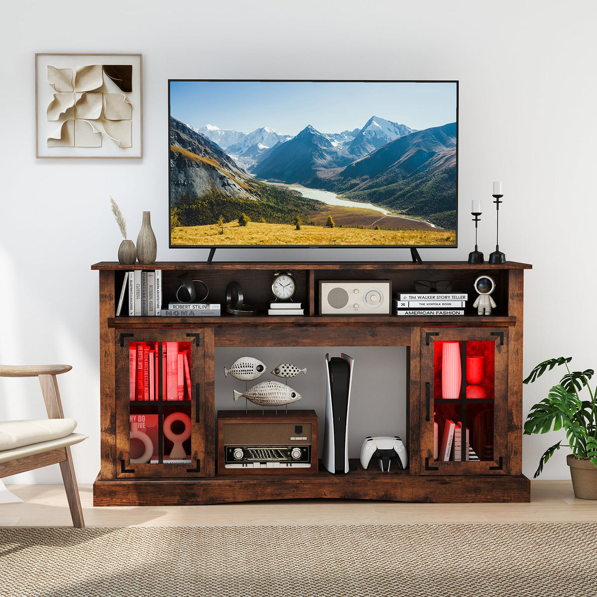 TV Stand with LED Lights and Remote Control-Rustic Brown-Entertainment Centers & TV Stands-DECOROLALA