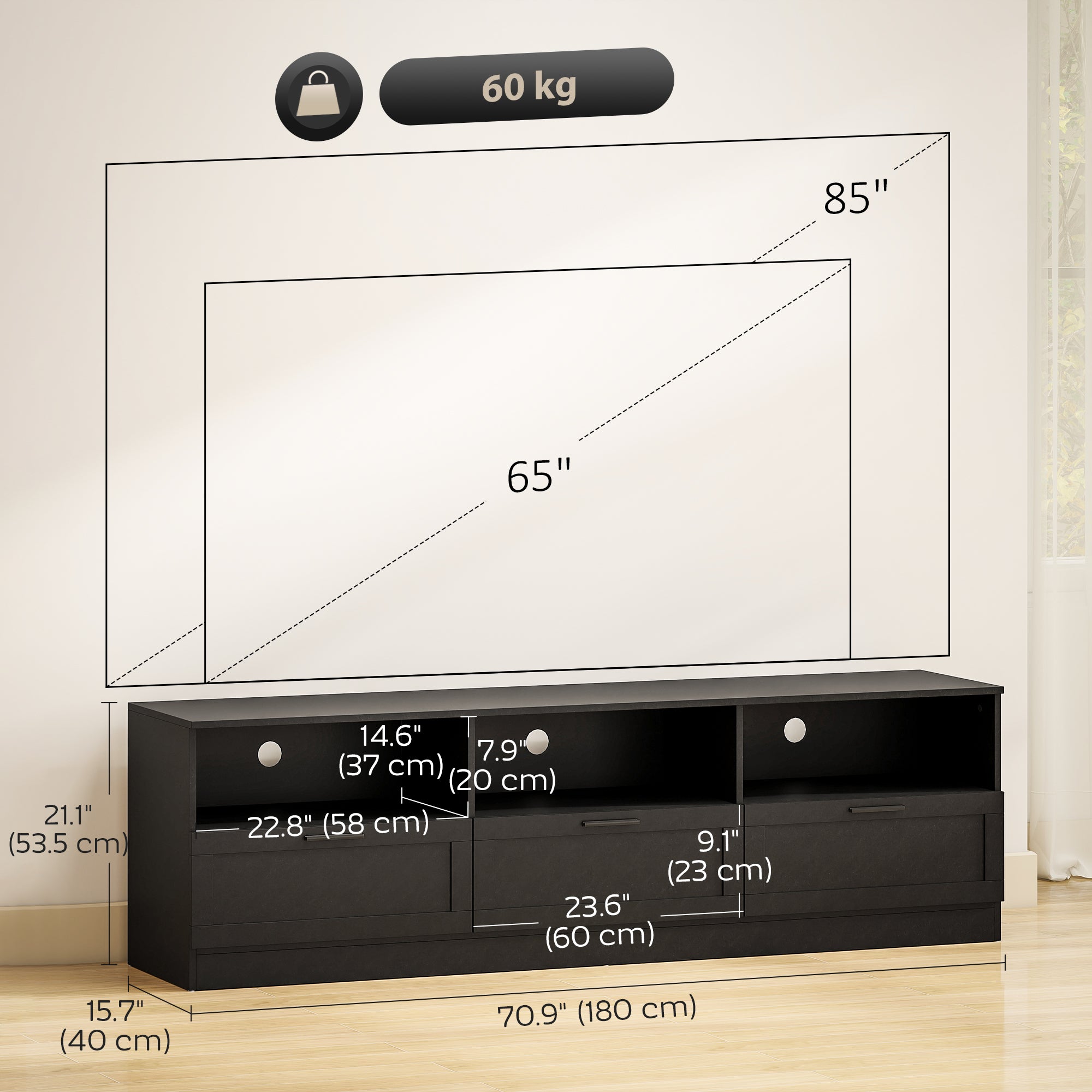 TV Stand with Storage - Black 71" for TVs up to 85"-DECOROLALA