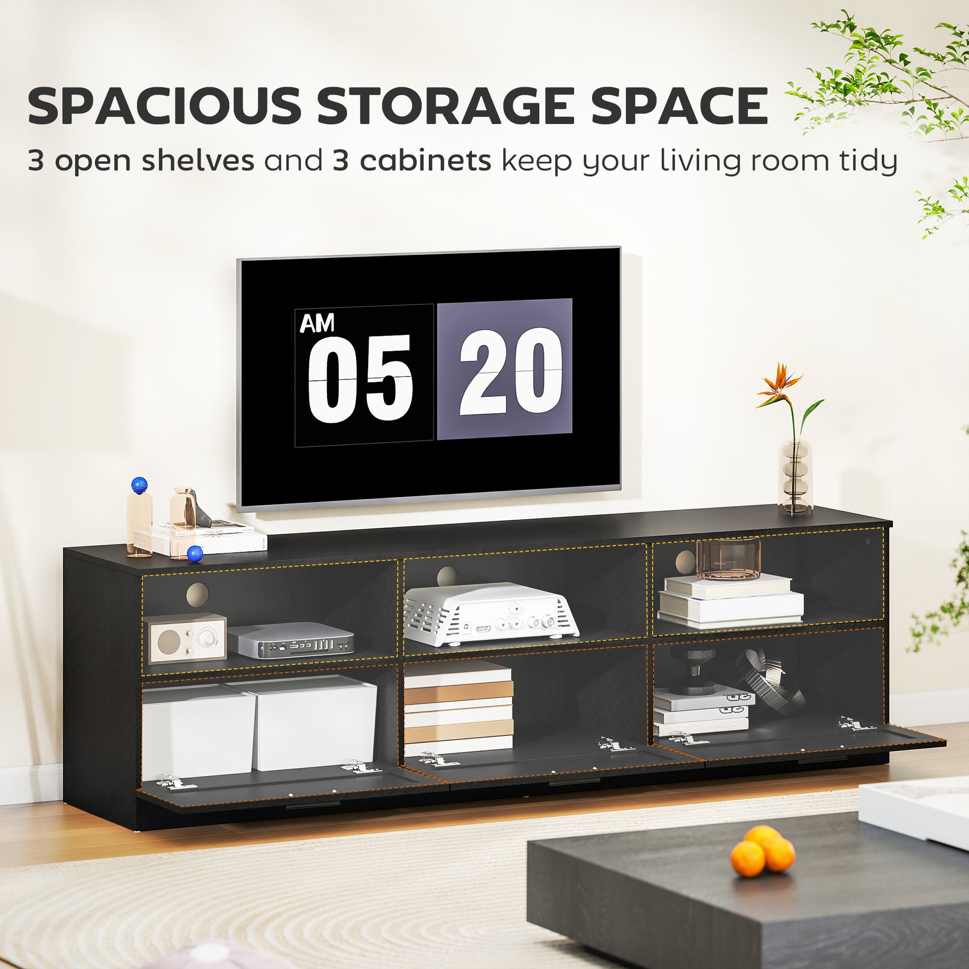 TV Stand with Storage - Black 71" for TVs up to 85"-DECOROLALA