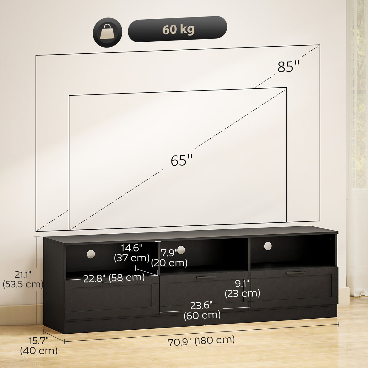 TV Stand with Storage - Black 71" for TVs up to 85"-DECOROLALA