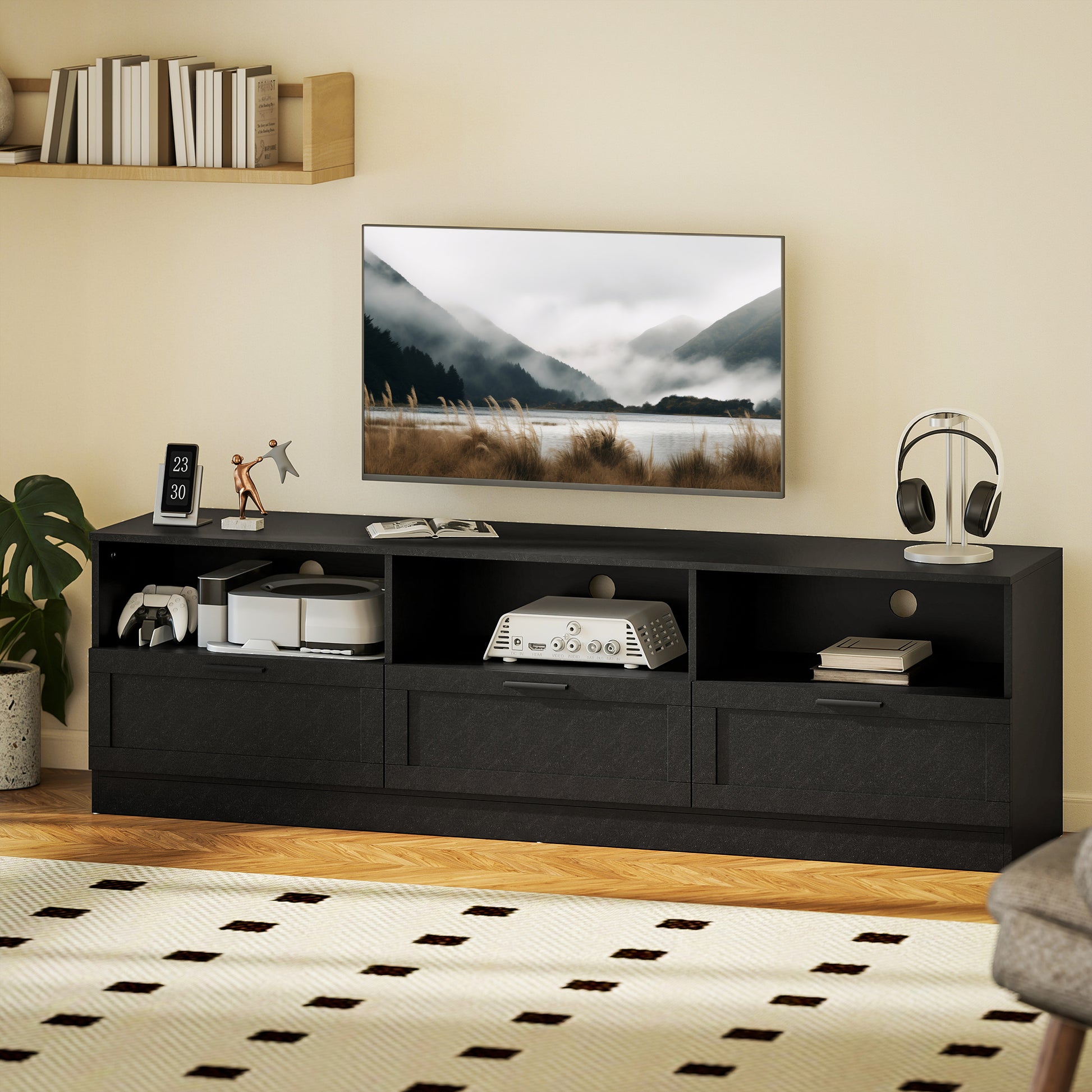 TV Stand with Storage - Black 71" for TVs up to 85"-DECOROLALA