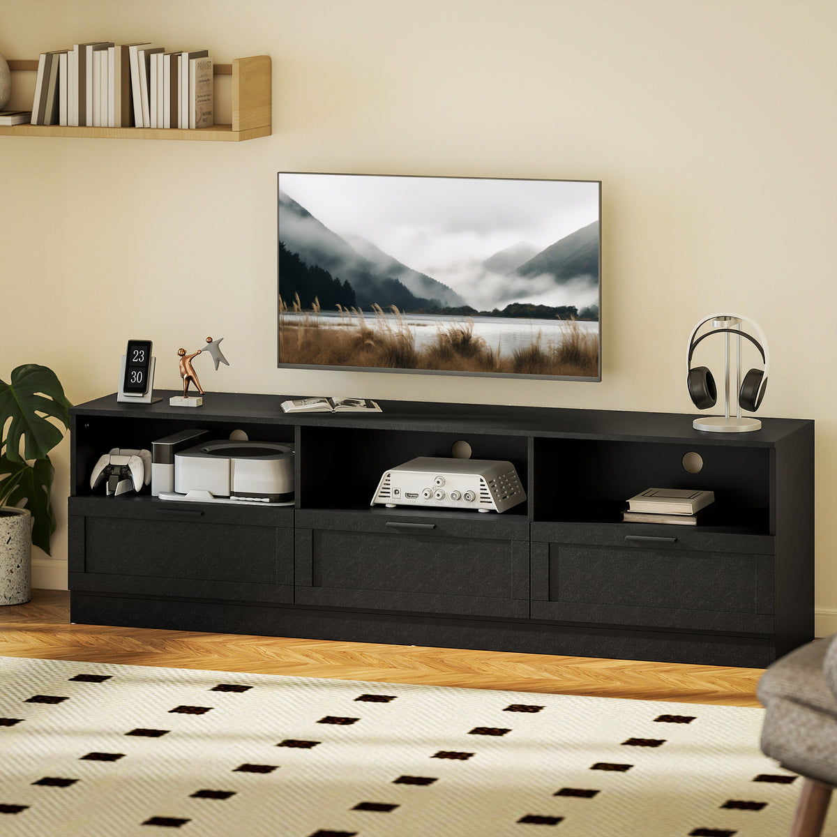 TV Stand with Storage - Black 71" for TVs up to 85"-DECOROLALA