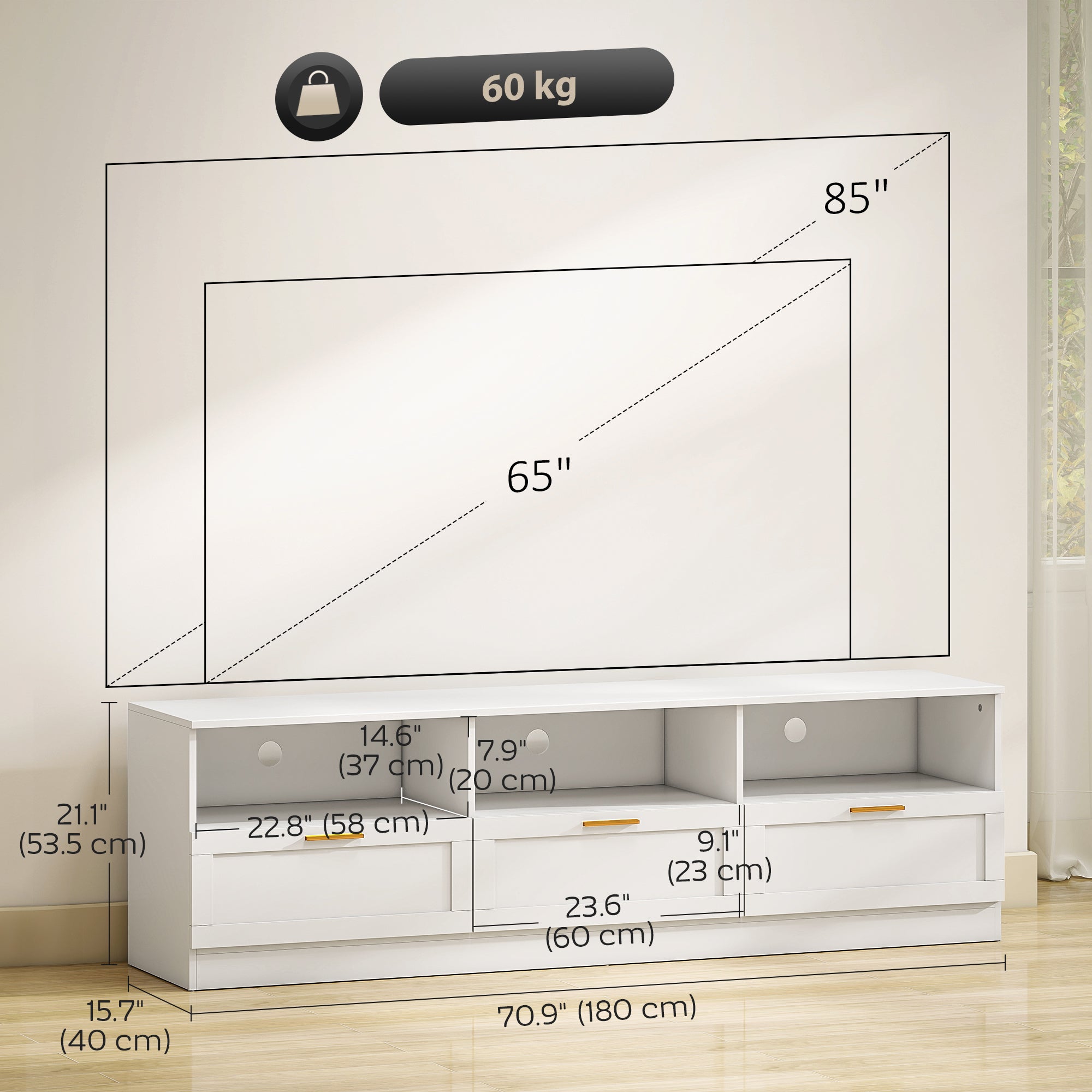TV Stand with Storage, Modern Entertainment Center, White, 85" Max TV Support-DECOROLALA