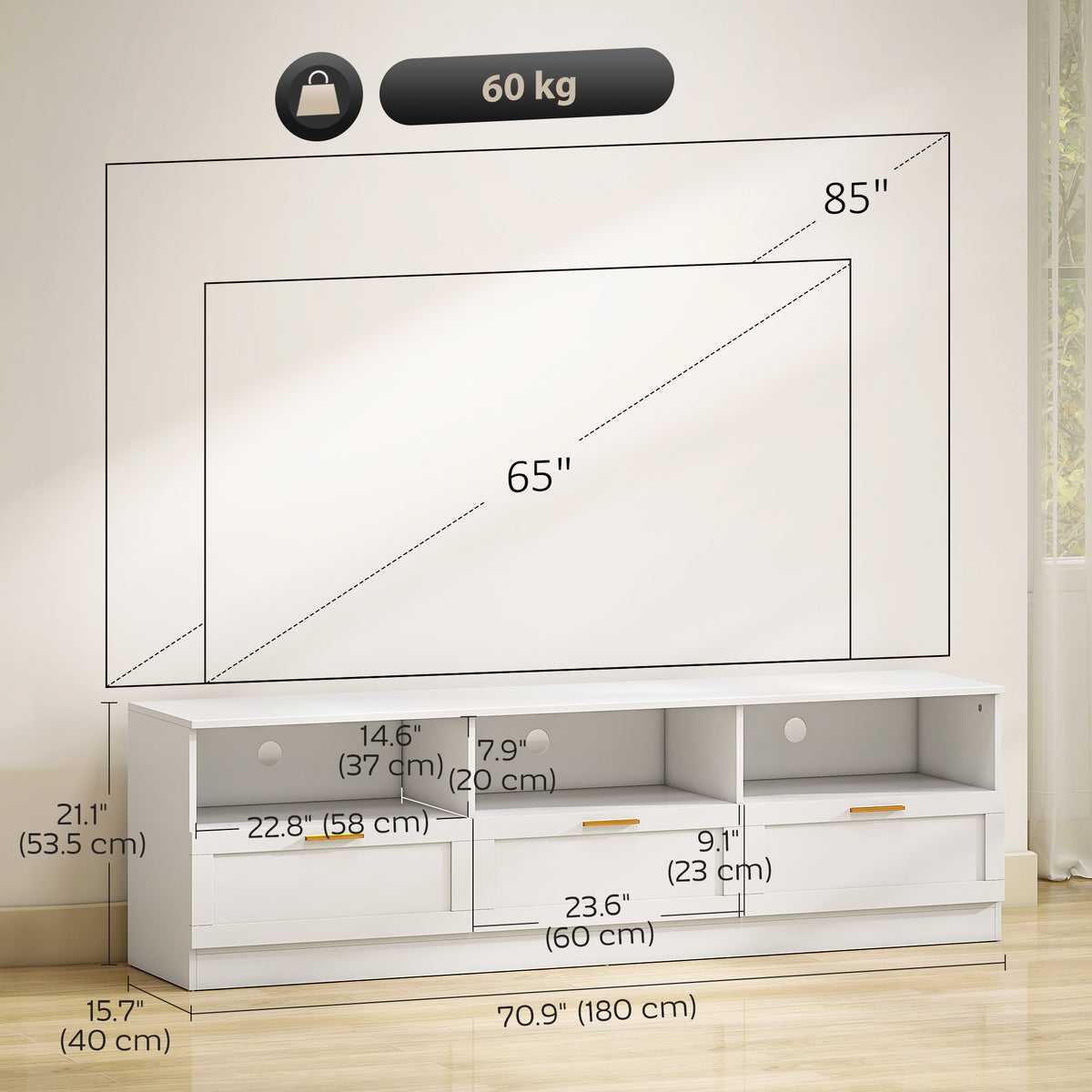 TV Stand with Storage, Modern Entertainment Center, White, 85" Max TV Support-DECOROLALA