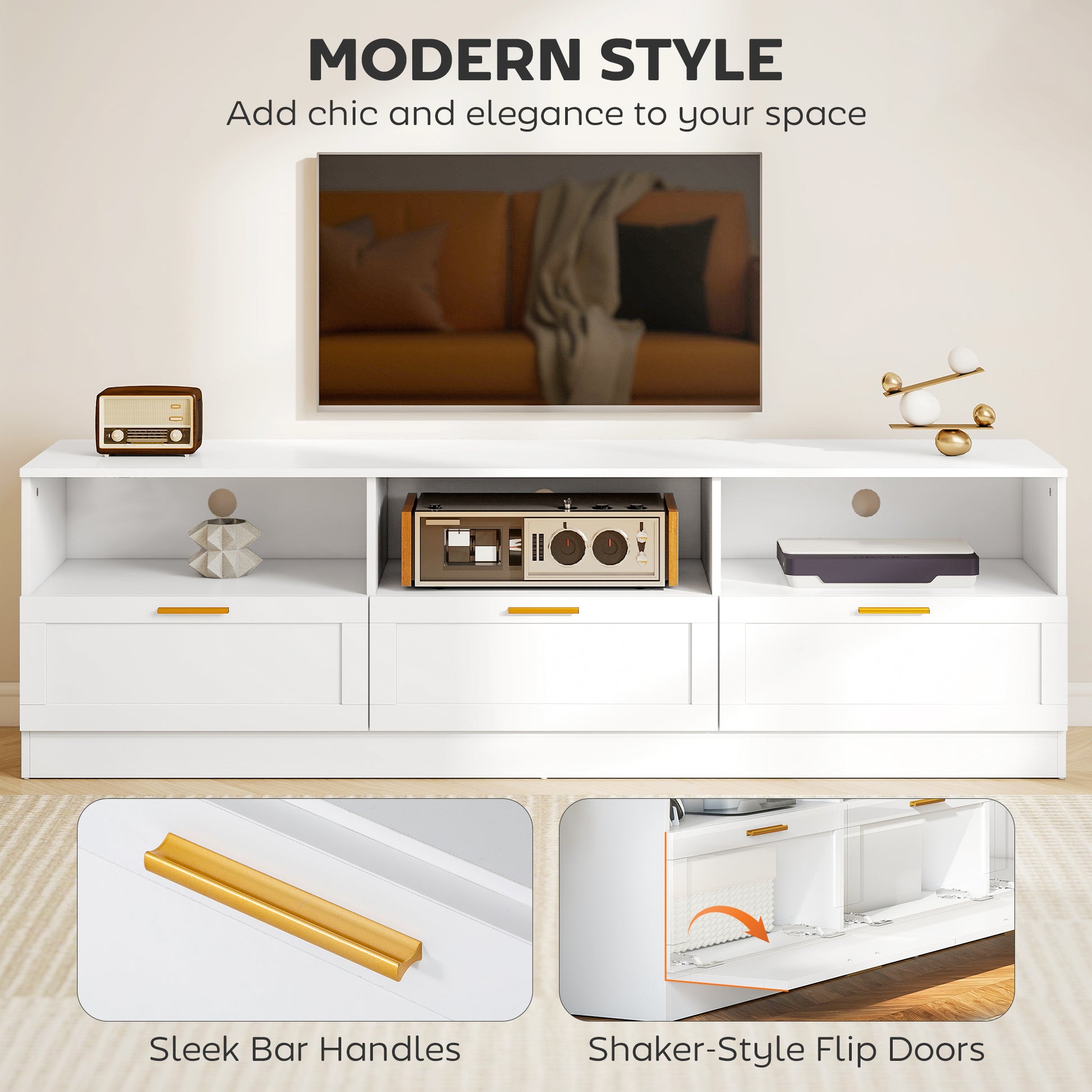 TV Stand with Storage, Modern Entertainment Center, White, 85" Max TV Support-DECOROLALA