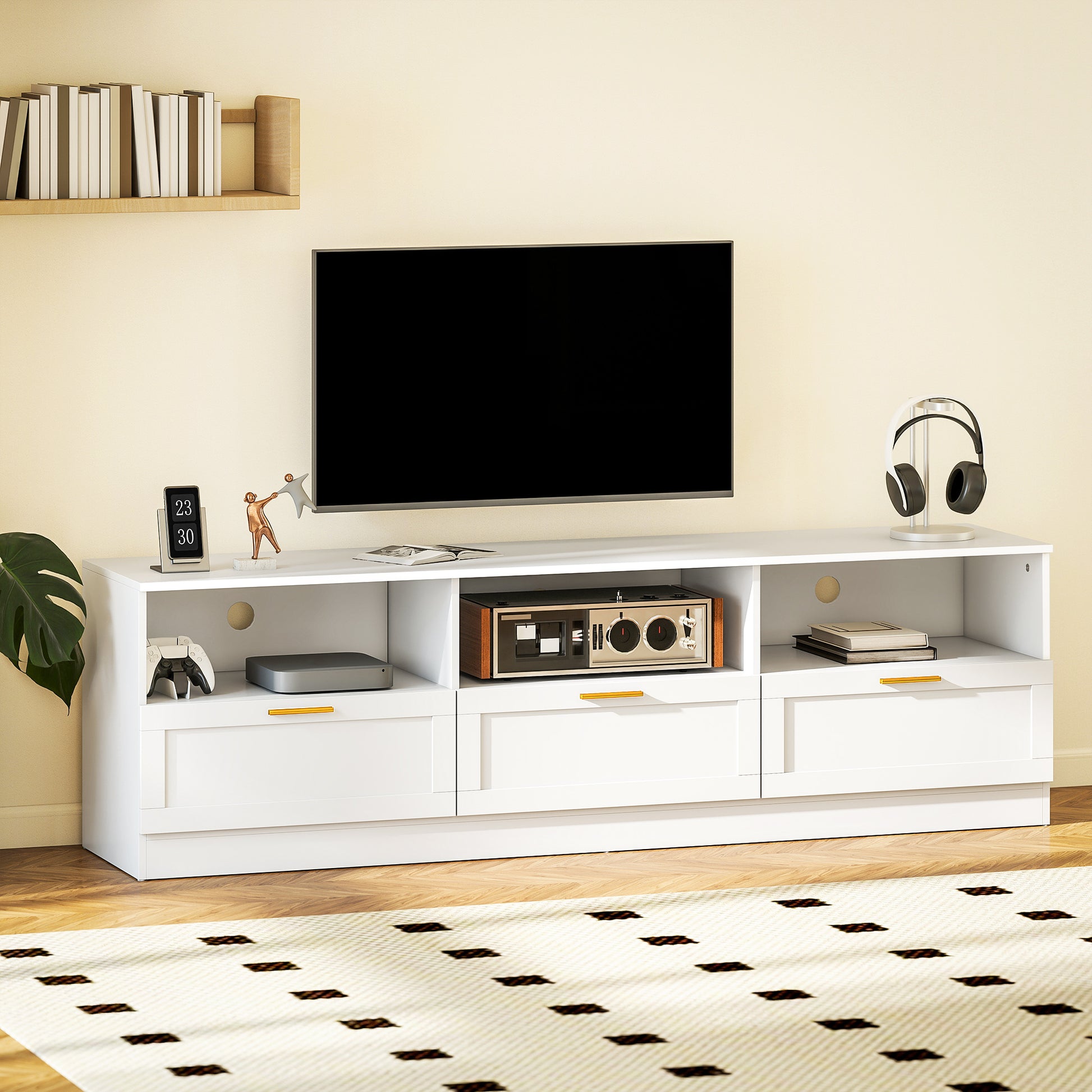 TV Stand with Storage, Modern Entertainment Center, White, 85" Max TV Support-DECOROLALA
