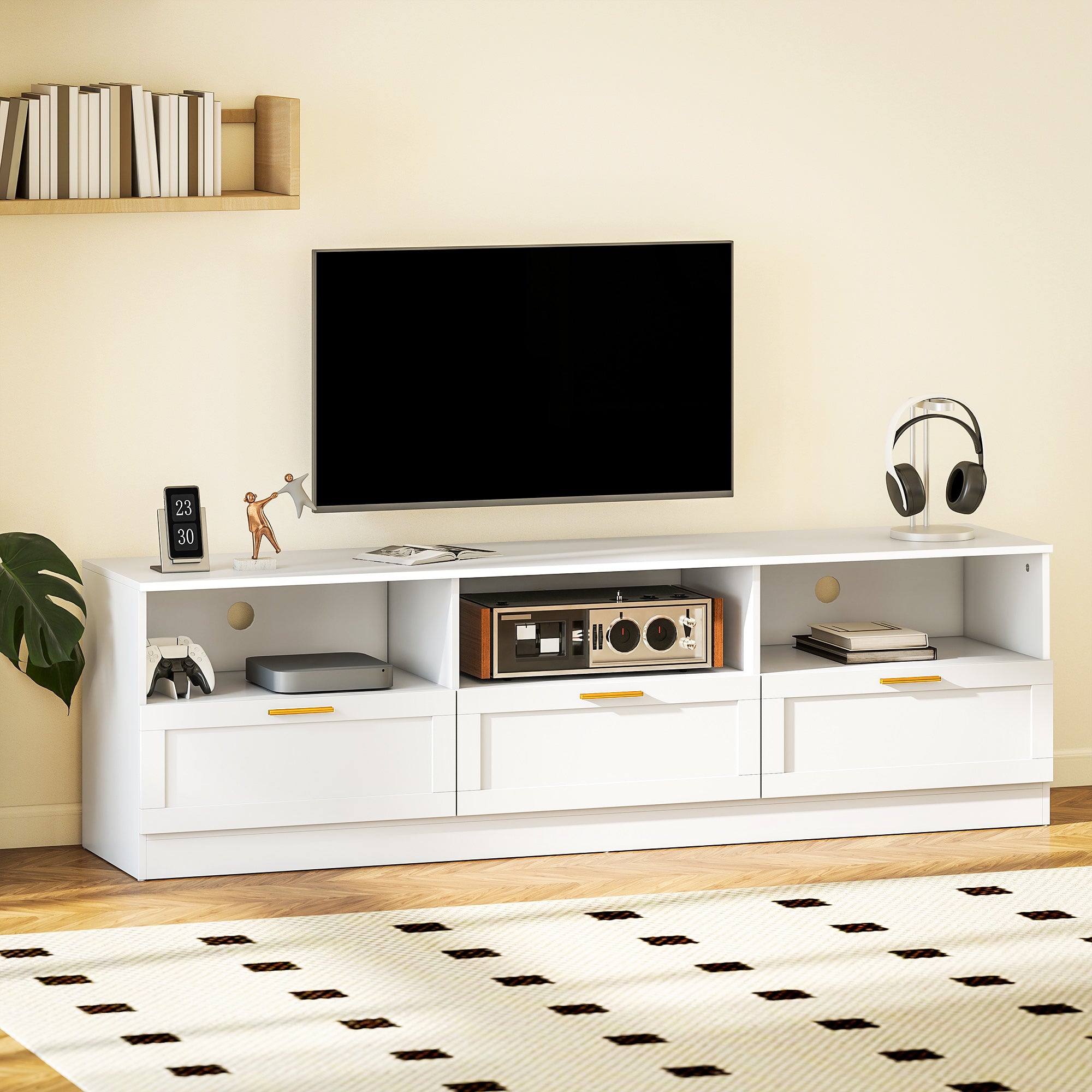 TV Stand with Storage, Modern Entertainment Center, White, 85" Max TV Support-DECOROLALA