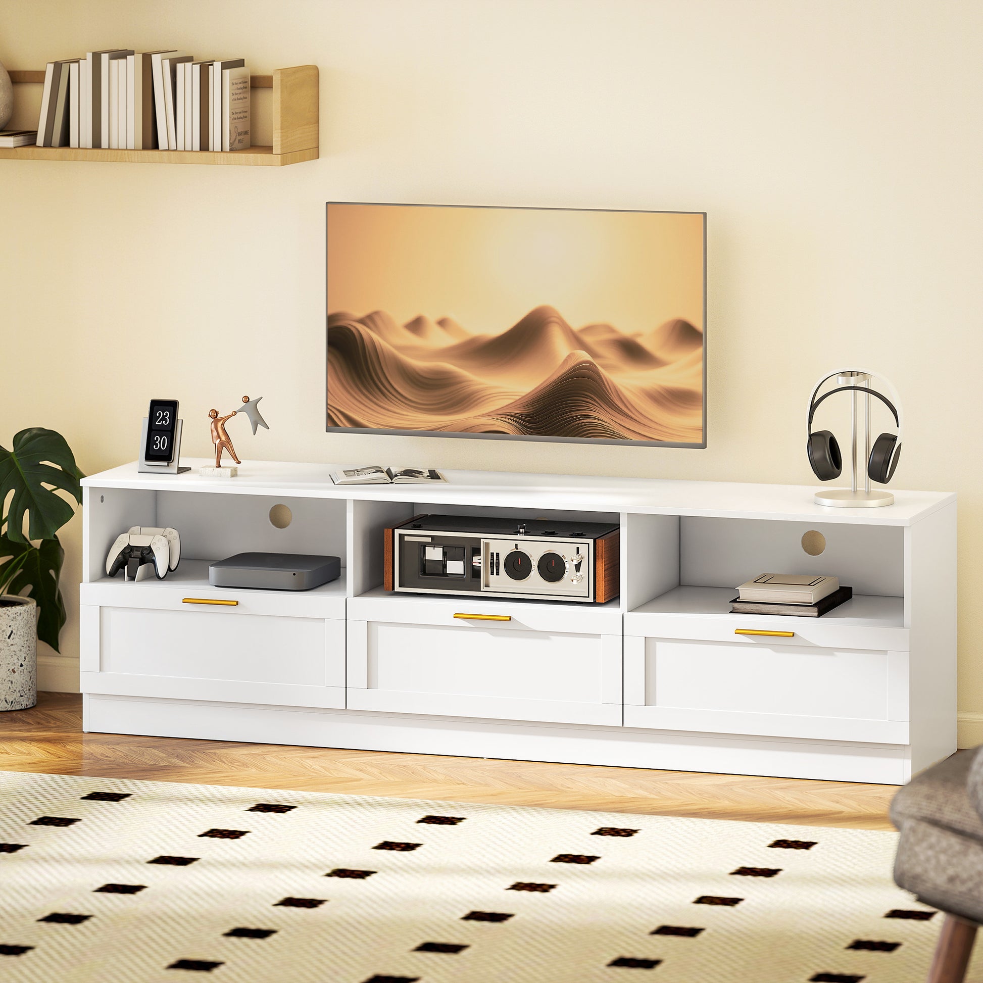 TV Stand with Storage, Modern Entertainment Center, White, 85" Max TV Support-DECOROLALA