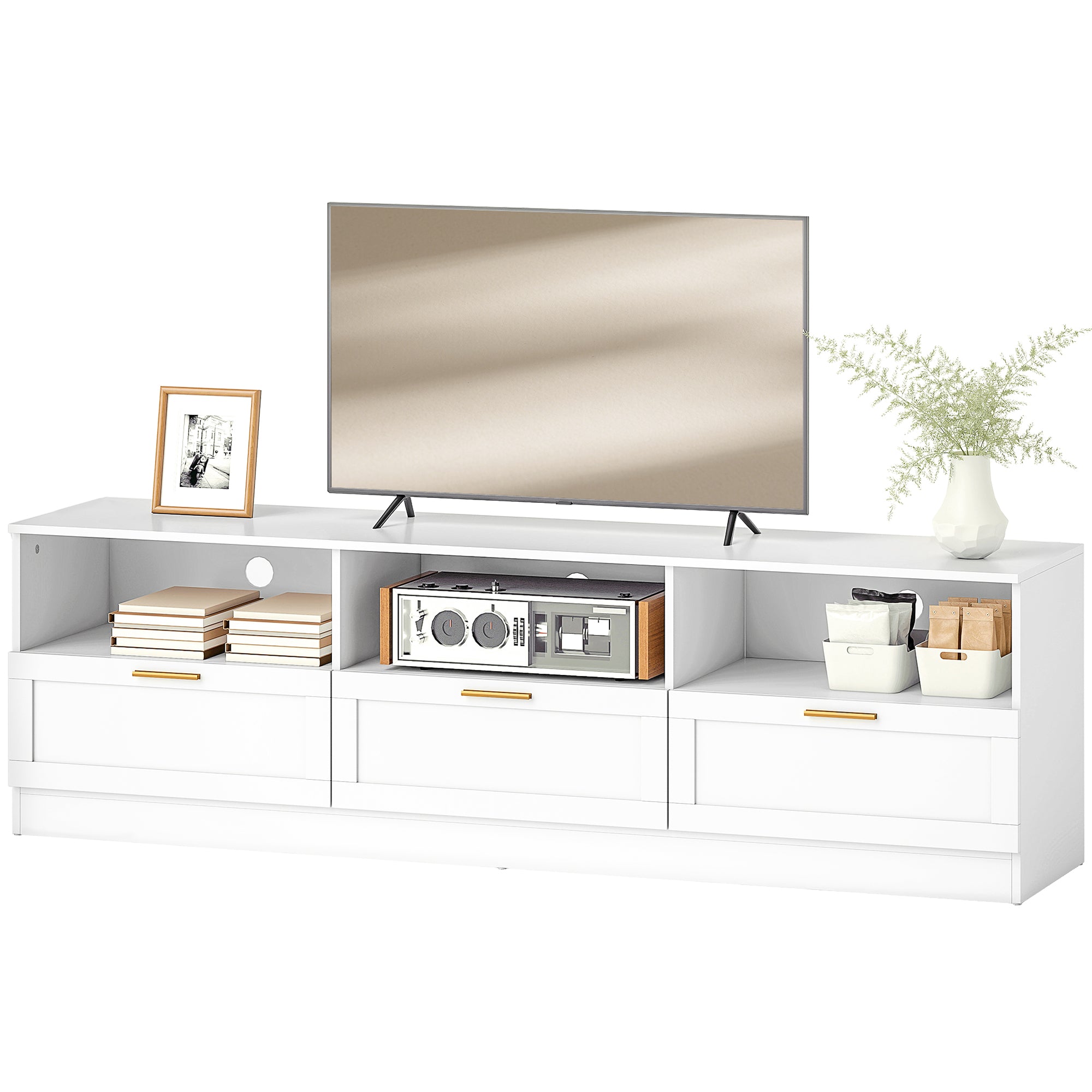 TV Stand with Storage, Modern Entertainment Center, White, 85" Max TV Support-DECOROLALA