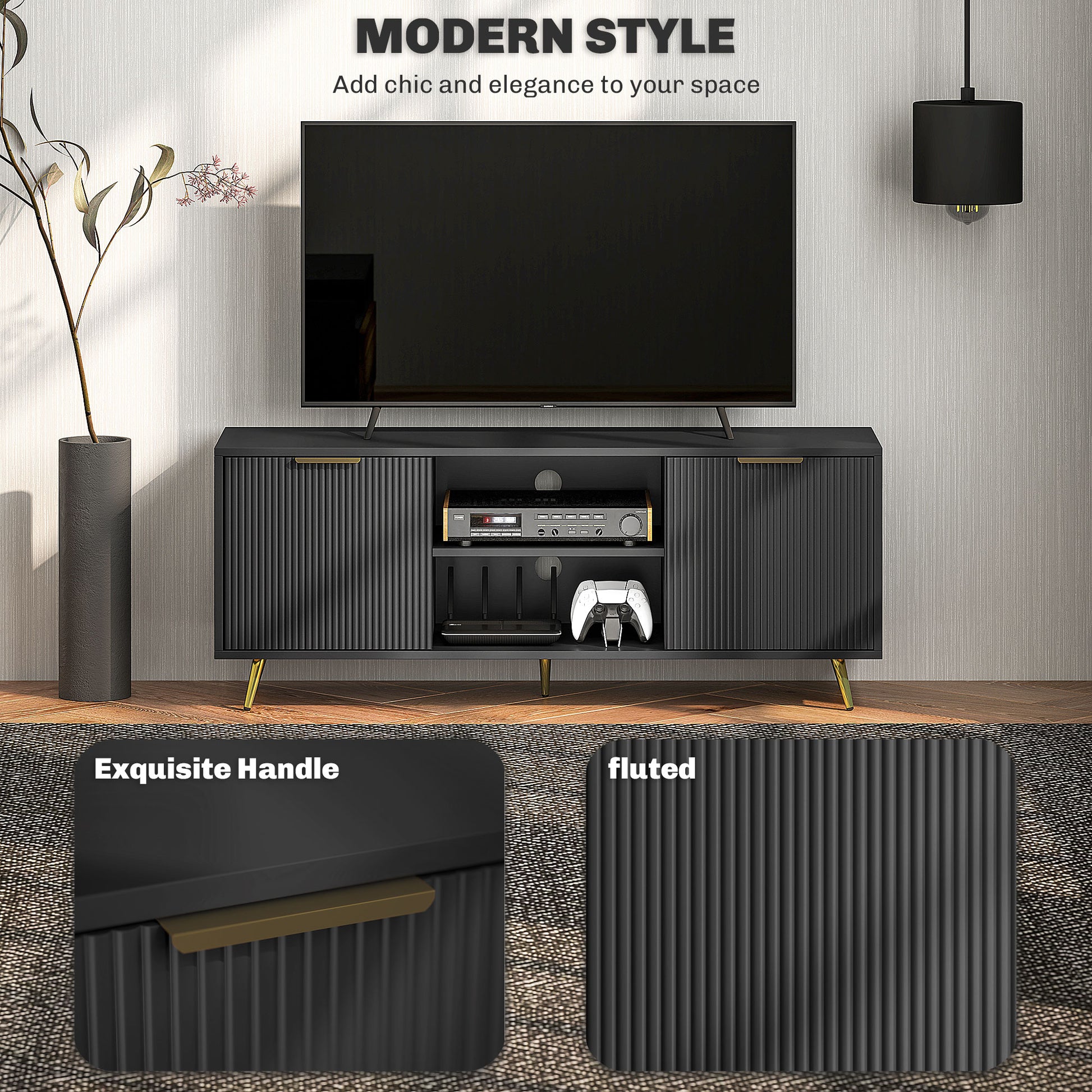 TV Stand with Storage for 55 Inch TV, Modern TV Cabinet with 2 Open Shelves and 2 Cabinets for Living Room, Black-Home Furnishings > Living Room Furniture > TV¬†Stands-DECOROLALA