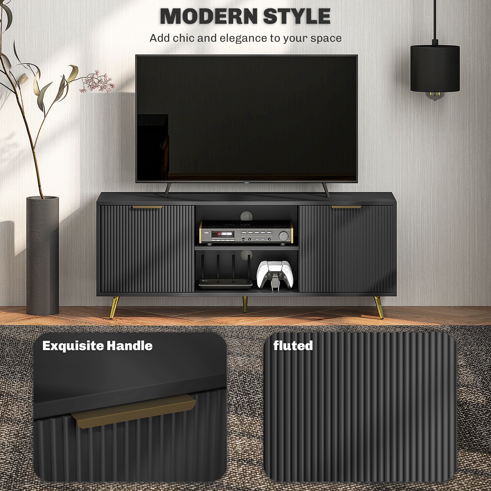 TV Stand with Storage for 55 Inch TV, Modern TV Cabinet with 2 Open Shelves and 2 Cabinets for Living Room, Black-Home Furnishings > Living Room Furniture > TV¬†Stands-DECOROLALA