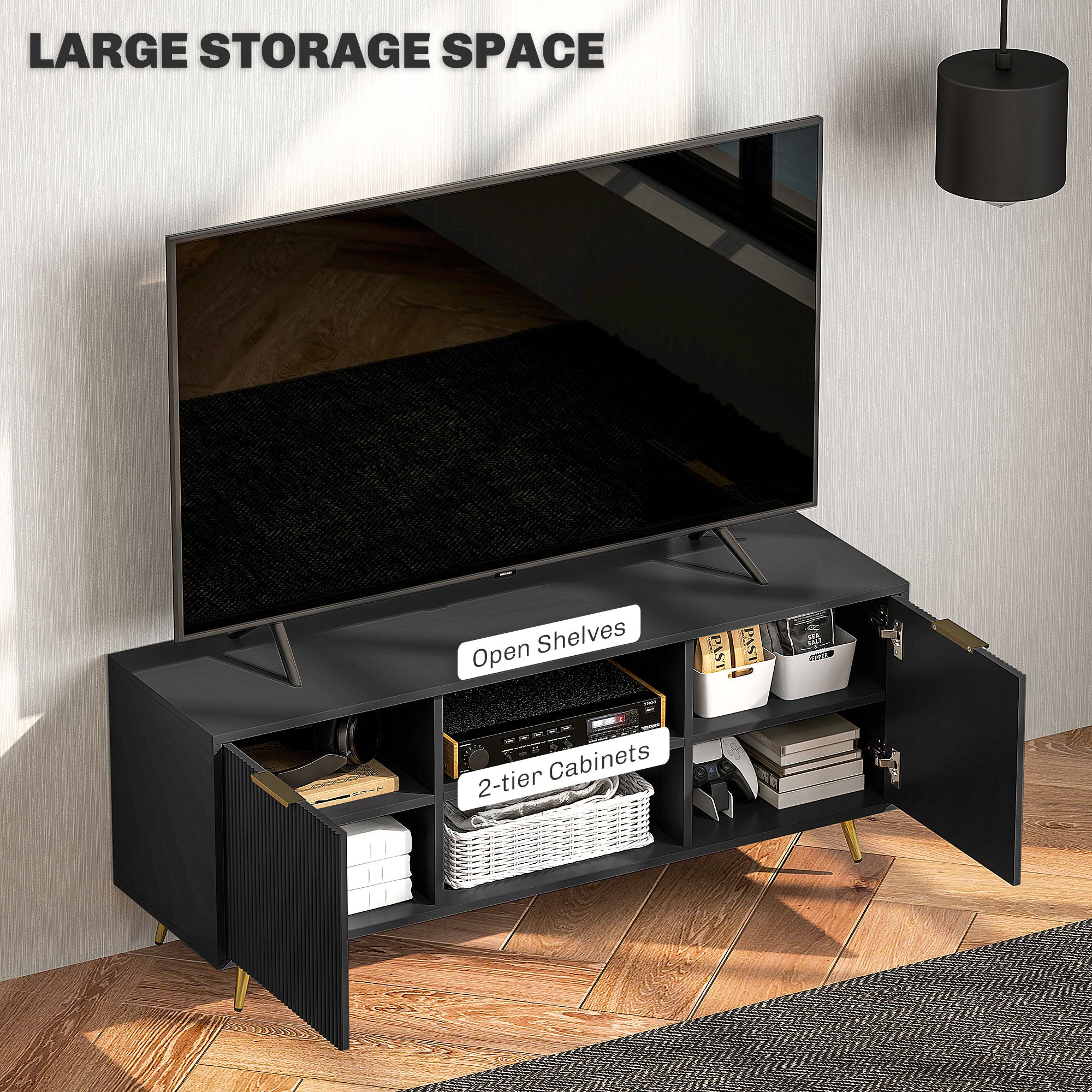 TV Stand with Storage for 55 Inch TV, Modern TV Cabinet with 2 Open Shelves and 2 Cabinets for Living Room, Black-Home Furnishings > Living Room Furniture > TV¬†Stands-DECOROLALA