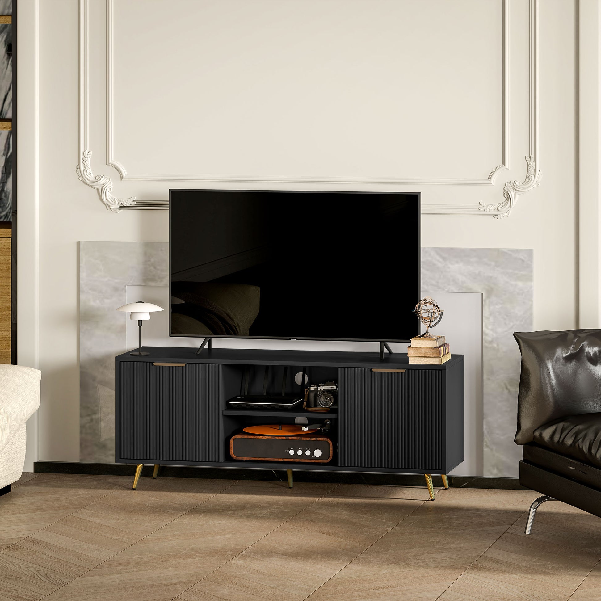 TV Stand with Storage for 55 Inch TV, Modern TV Cabinet with 2 Open Shelves and 2 Cabinets for Living Room, Black-Home Furnishings > Living Room Furniture > TV¬†Stands-DECOROLALA