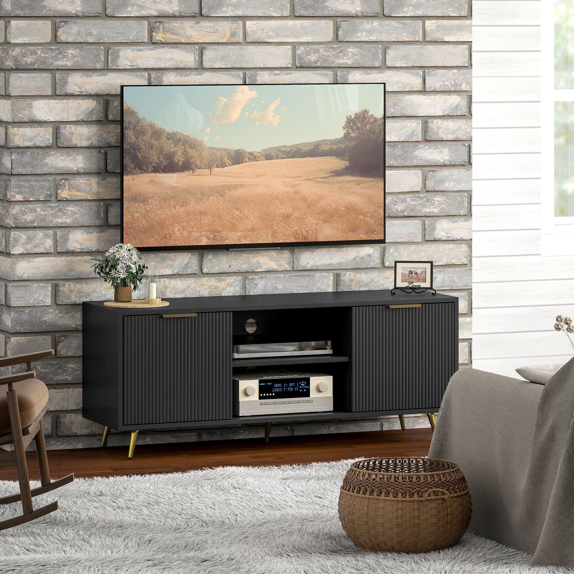 TV Stand with Storage for 55 Inch TV, Modern TV Cabinet with 2 Open Shelves and 2 Cabinets for Living Room, Black-Home Furnishings > Living Room Furniture > TV¬†Stands-DECOROLALA