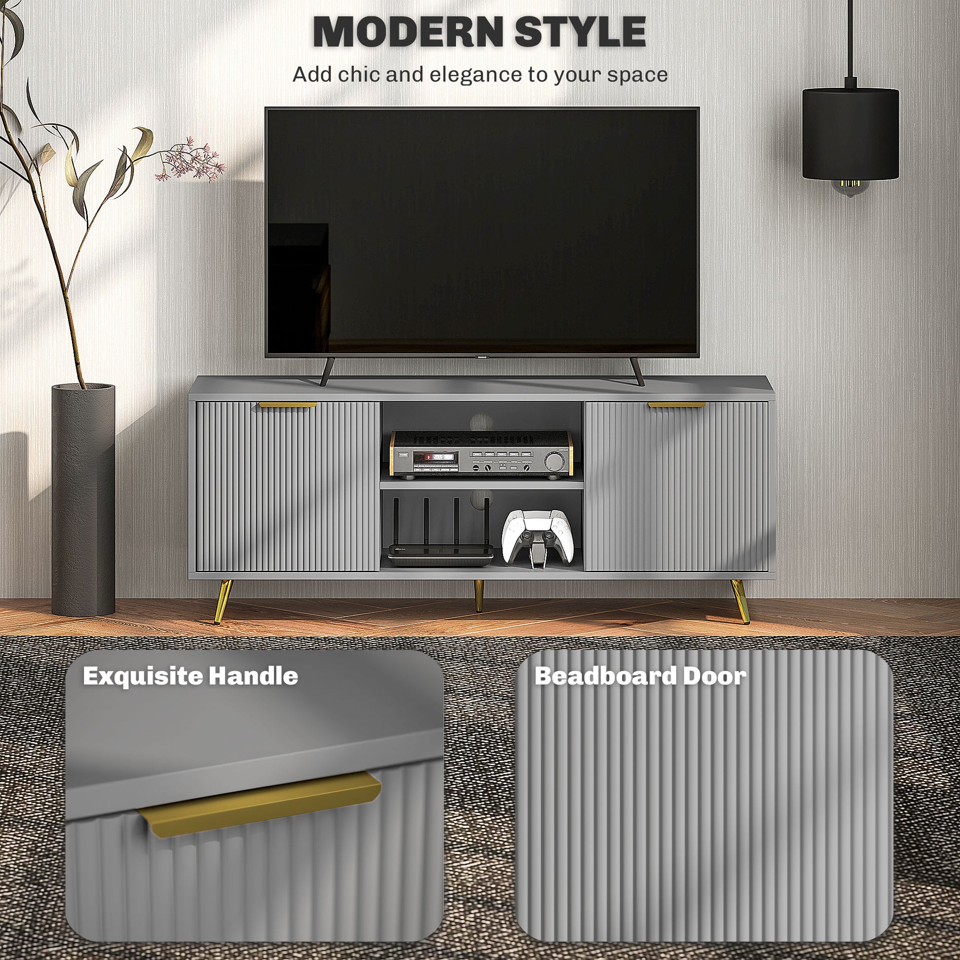 TV Stand with Storage for 55 Inch TV, Modern TV Cabinet with 2 Open Shelves and 2 Cabinets for Living Room, Grey-Home Furnishings > Living Room Furniture > TV¬†Stands-DECOROLALA