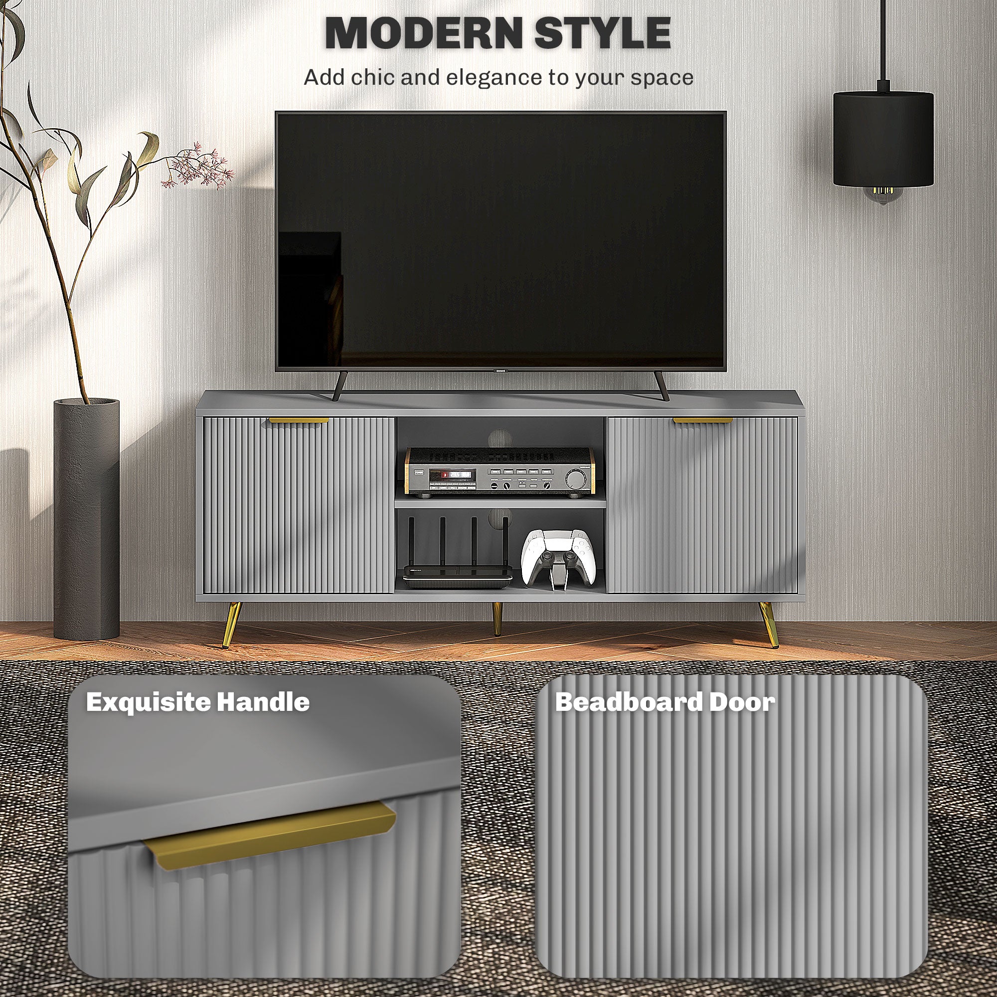 TV Stand with Storage for 55 Inch TV, Modern TV Cabinet with 2 Open Shelves and 2 Cabinets for Living Room, Grey-Home Furnishings > Living Room Furniture > TV¬†Stands-DECOROLALA