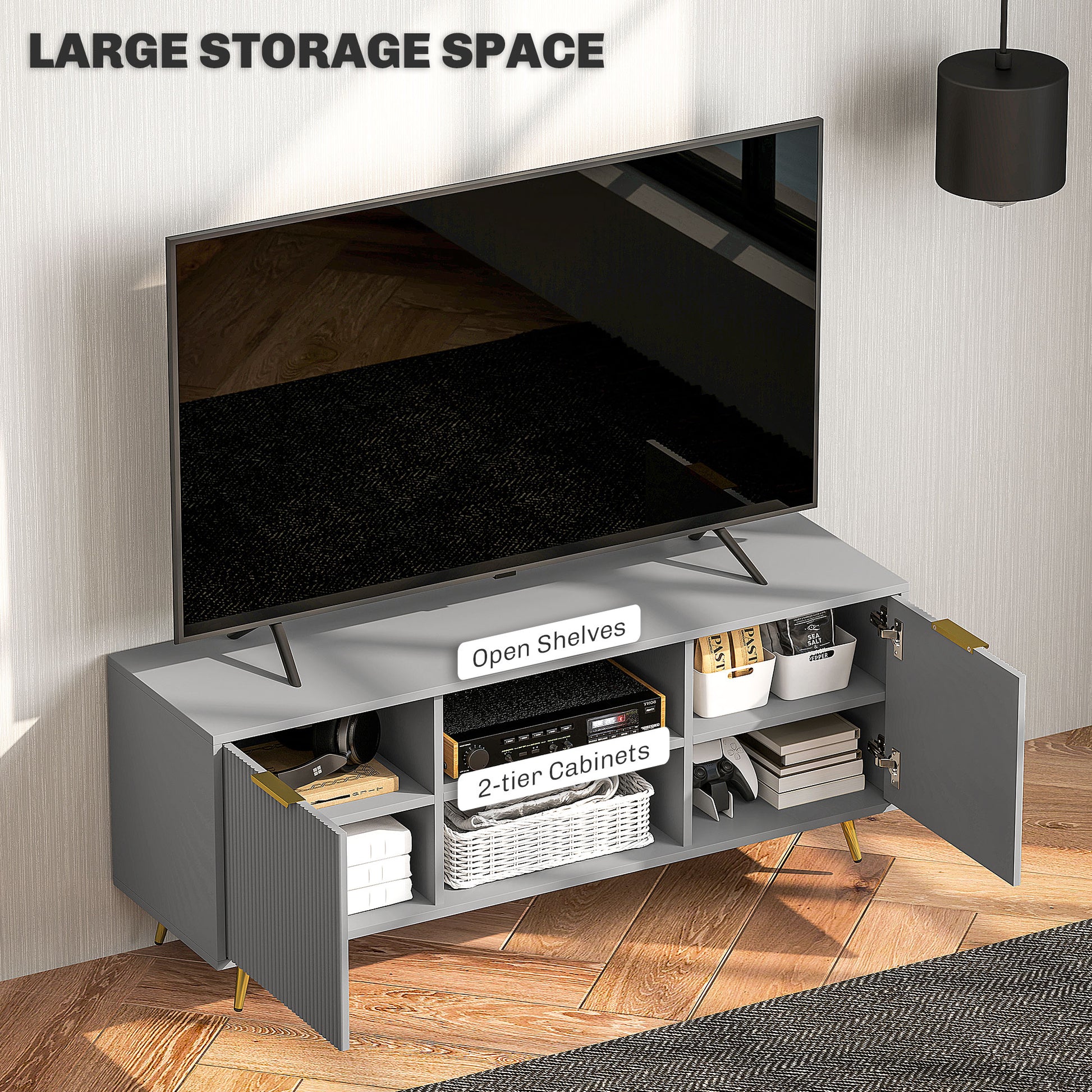 TV Stand with Storage for 55 Inch TV, Modern TV Cabinet with 2 Open Shelves and 2 Cabinets for Living Room, Grey-Home Furnishings > Living Room Furniture > TV¬†Stands-DECOROLALA