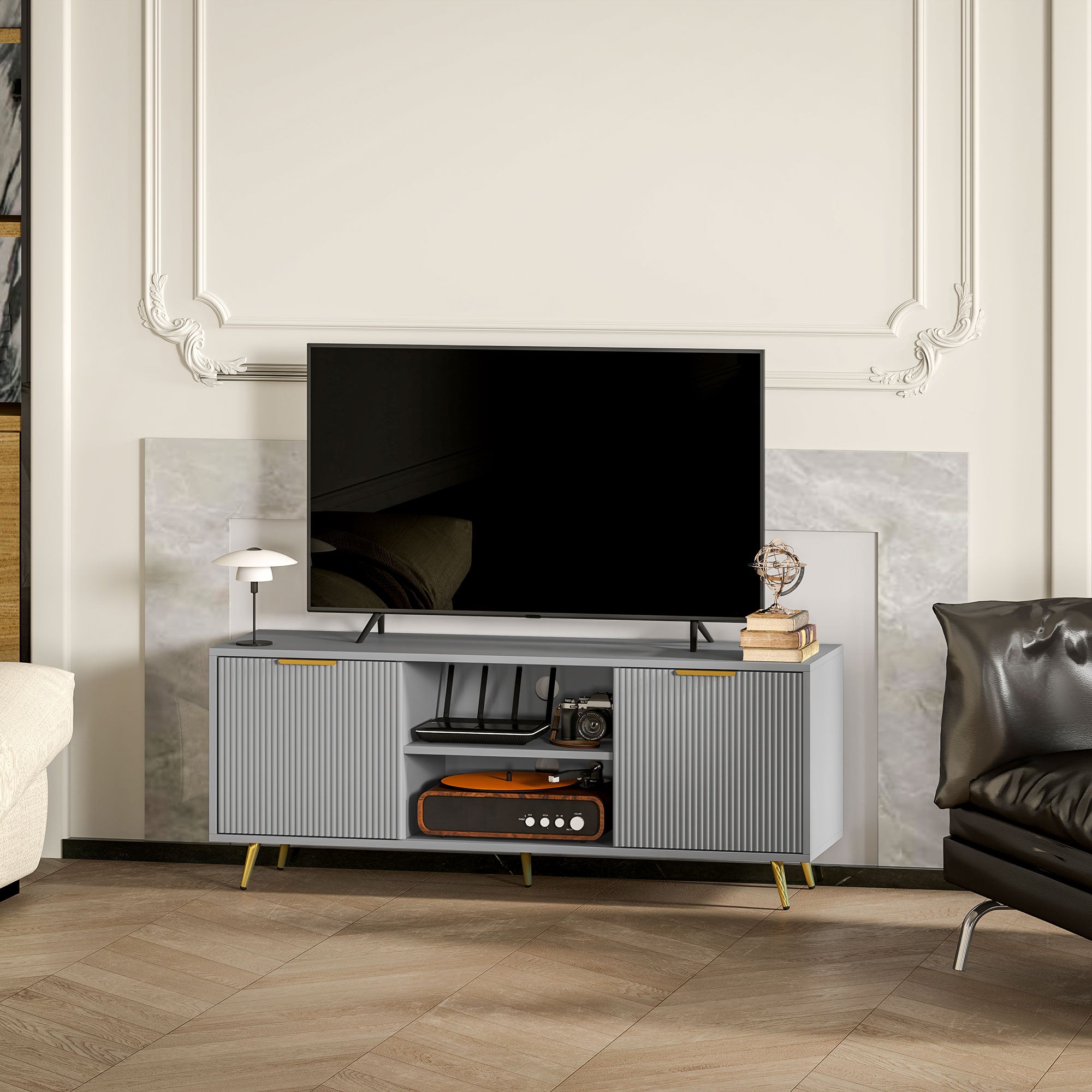 TV Stand with Storage for 55 Inch TV, Modern TV Cabinet with 2 Open Shelves and 2 Cabinets for Living Room, Grey-Home Furnishings > Living Room Furniture > TV¬†Stands-DECOROLALA