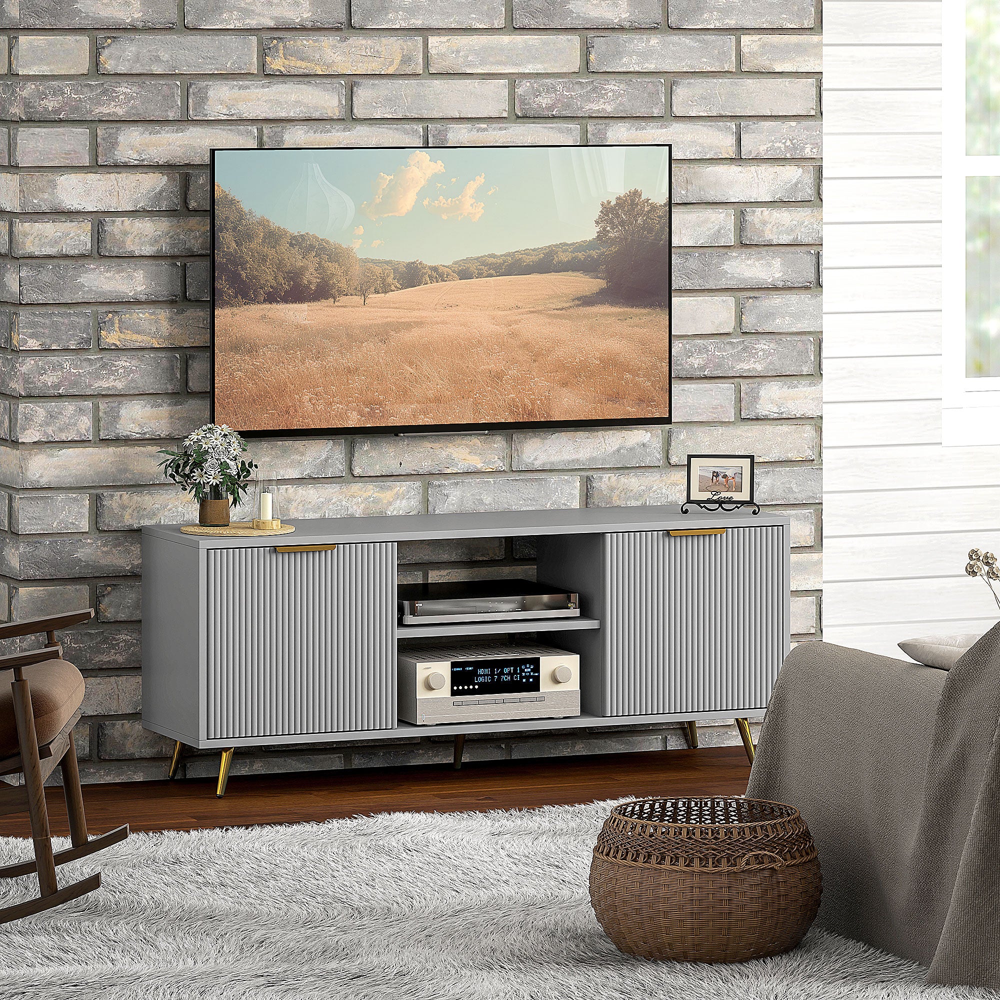 TV Stand with Storage for 55 Inch TV, Modern TV Cabinet with 2 Open Shelves and 2 Cabinets for Living Room, Grey-Home Furnishings > Living Room Furniture > TV¬†Stands-DECOROLALA